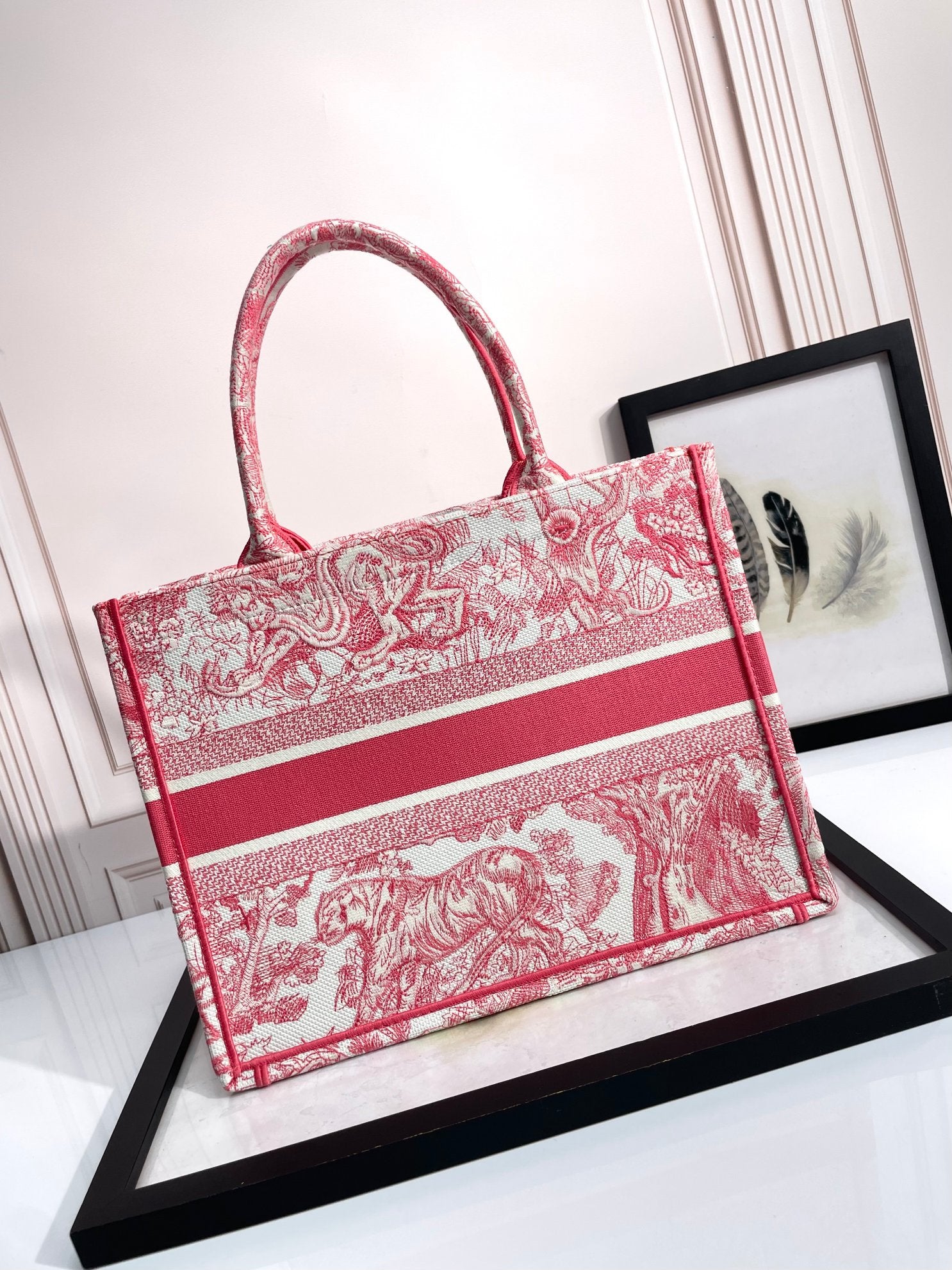 Dior Vintage Red Embroidered Floral Tapestry Canvas Tote Bag