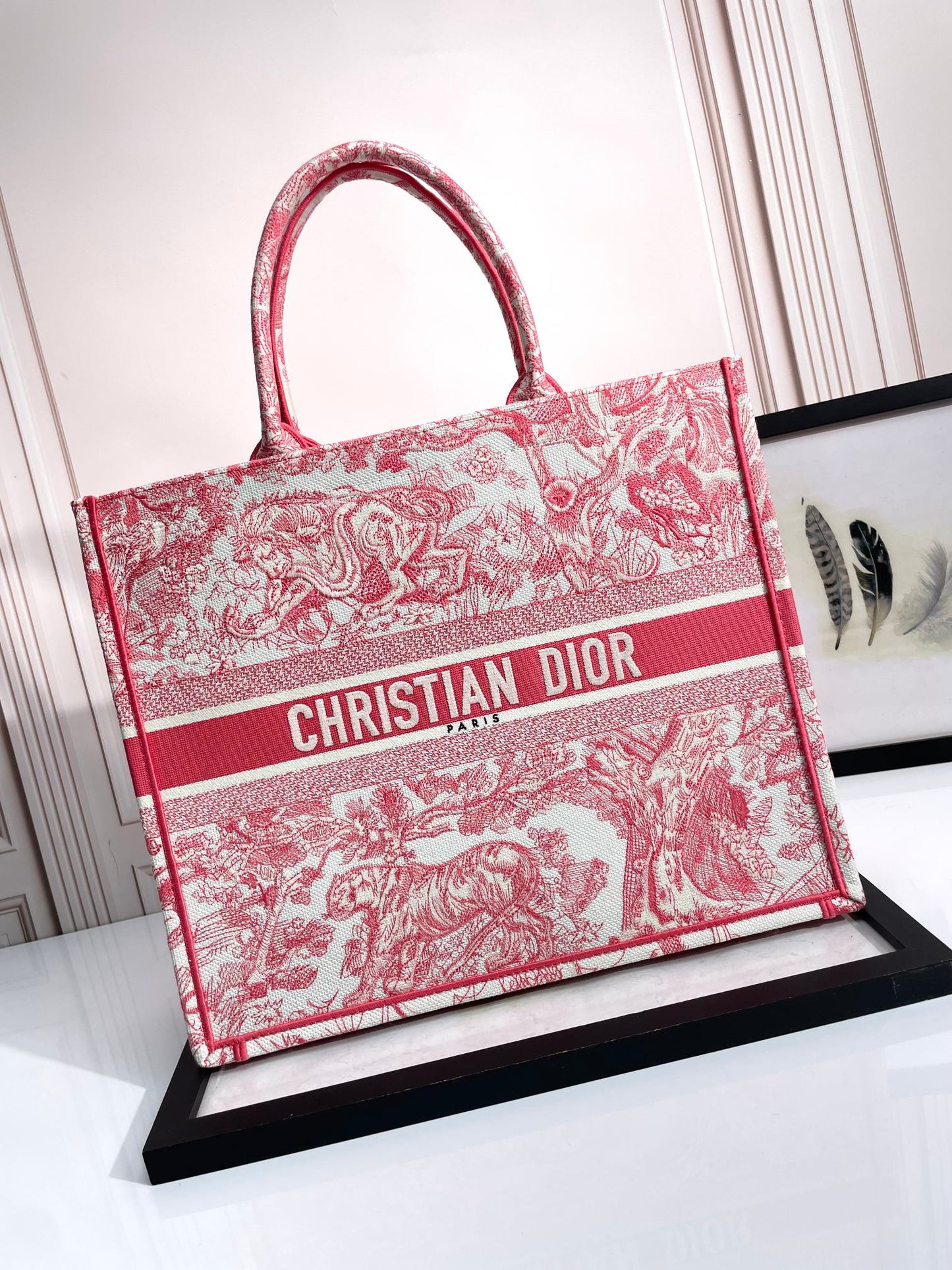 Christian Dior Large Book Tote Pink Toile de Jouy Embroidery Bag