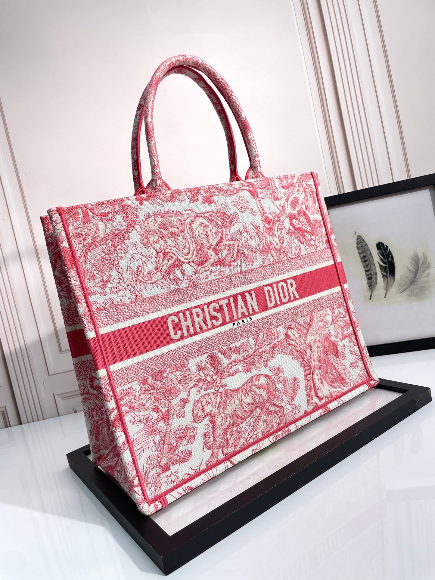 Christian Dior Large Book Tote Bag - Pink Toile de Jouy Embroidery