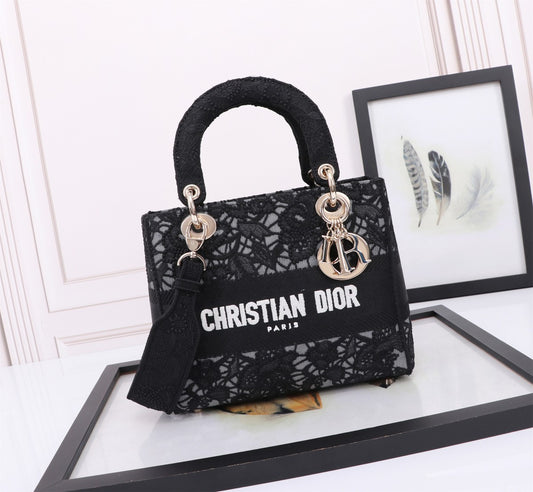 Christian Dior Lady D-Lite Bag Black Lace Embroidery Handbag