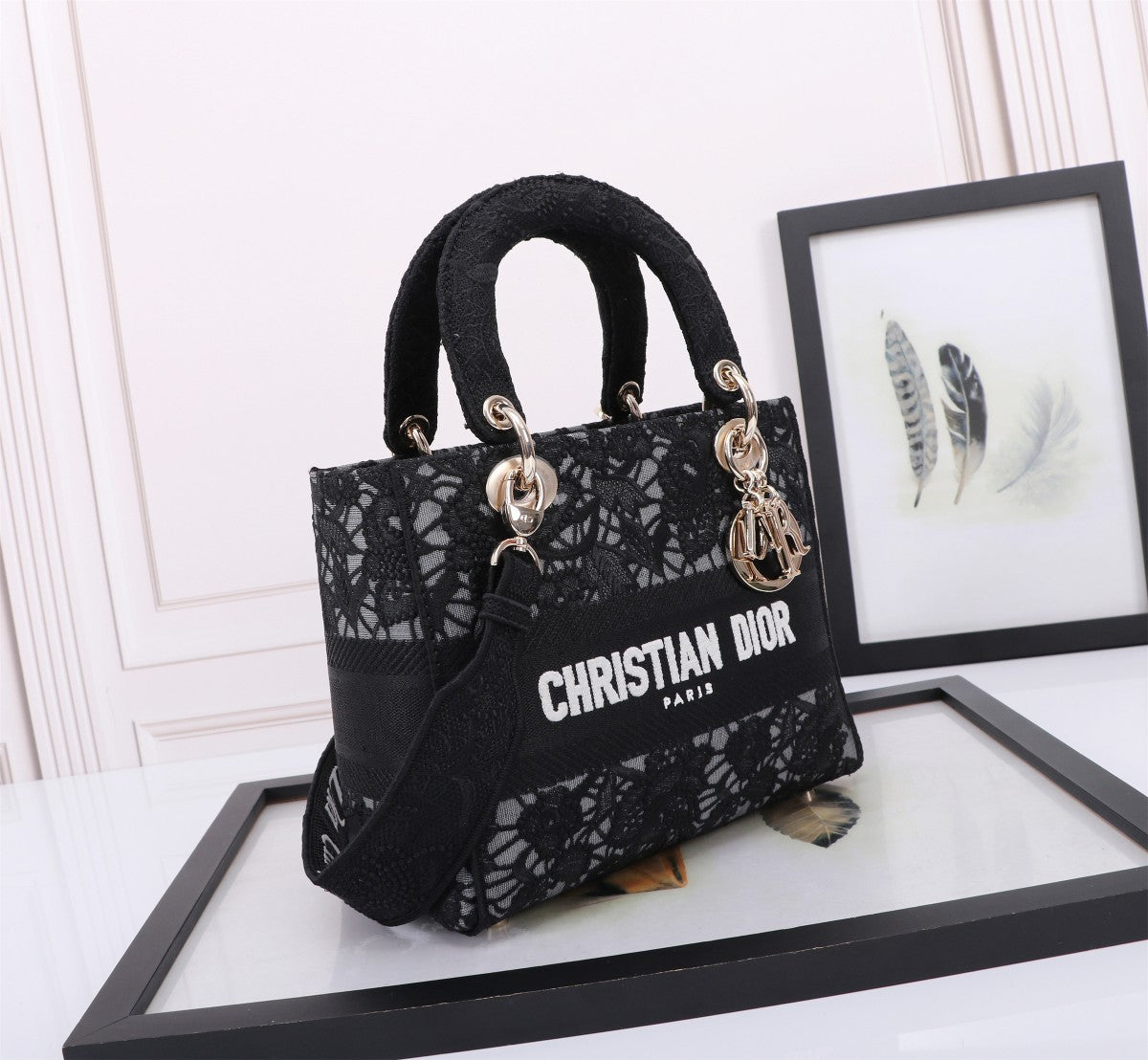 Christian Dior Lady D-Lite Bag Black Lace Embroidery Handbag