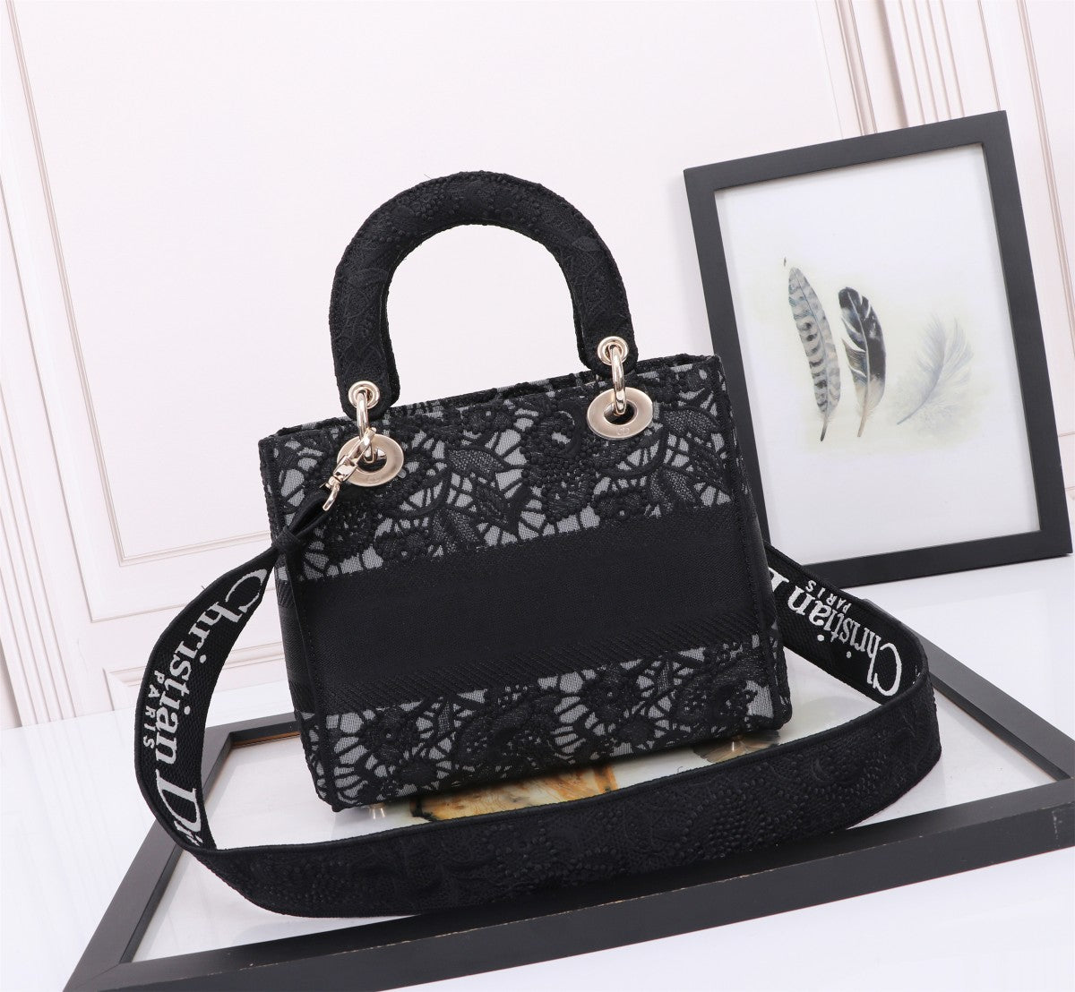 Christian Dior Lady D-Lite Bag Black Lace Embroidery Handbag