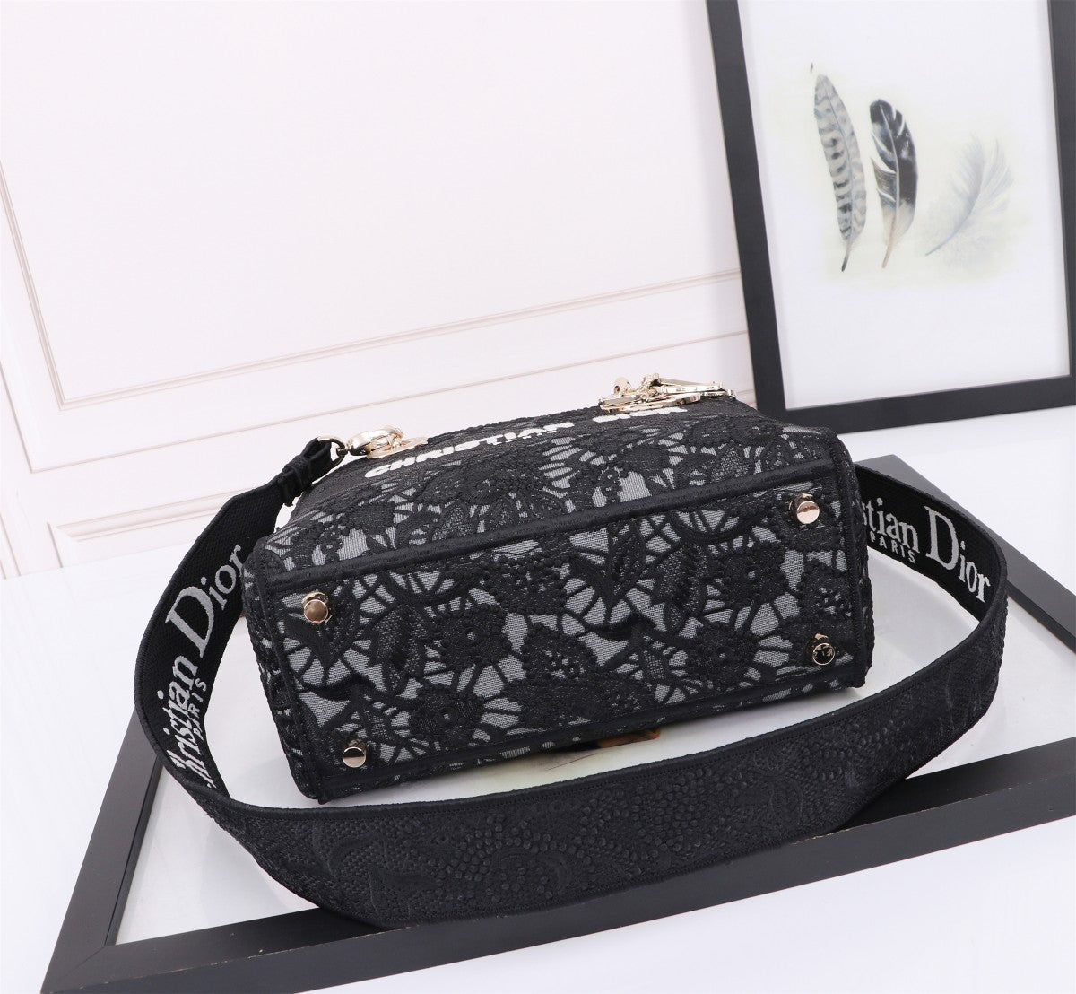 Christian Dior Lady D-Lite Bag Black Lace Embroidery Handbag