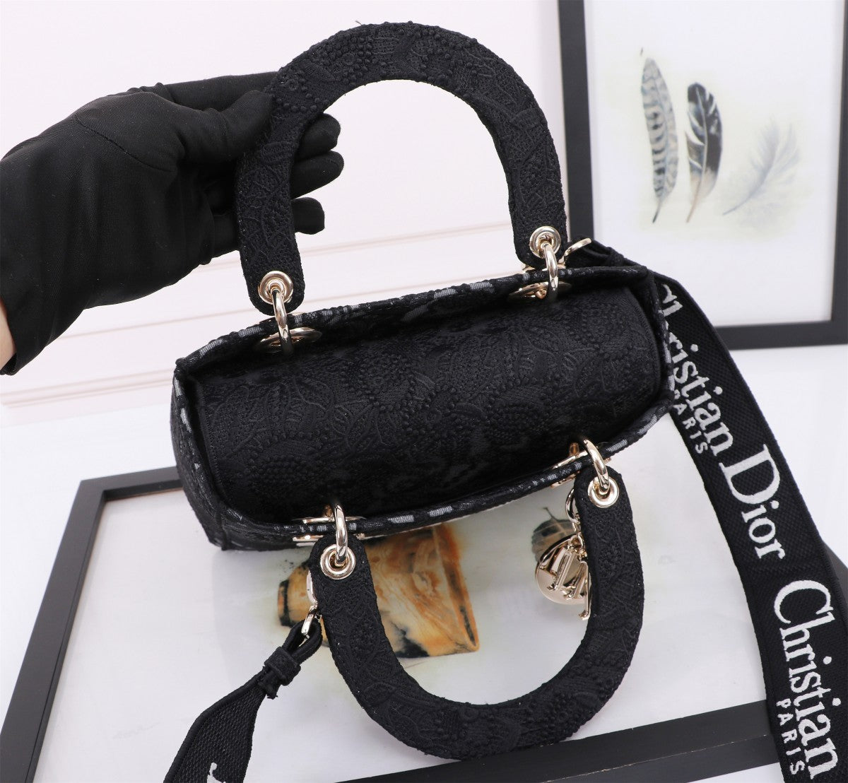 Christian Dior Lady D-Lite Bag Black Lace Embroidery Handbag
