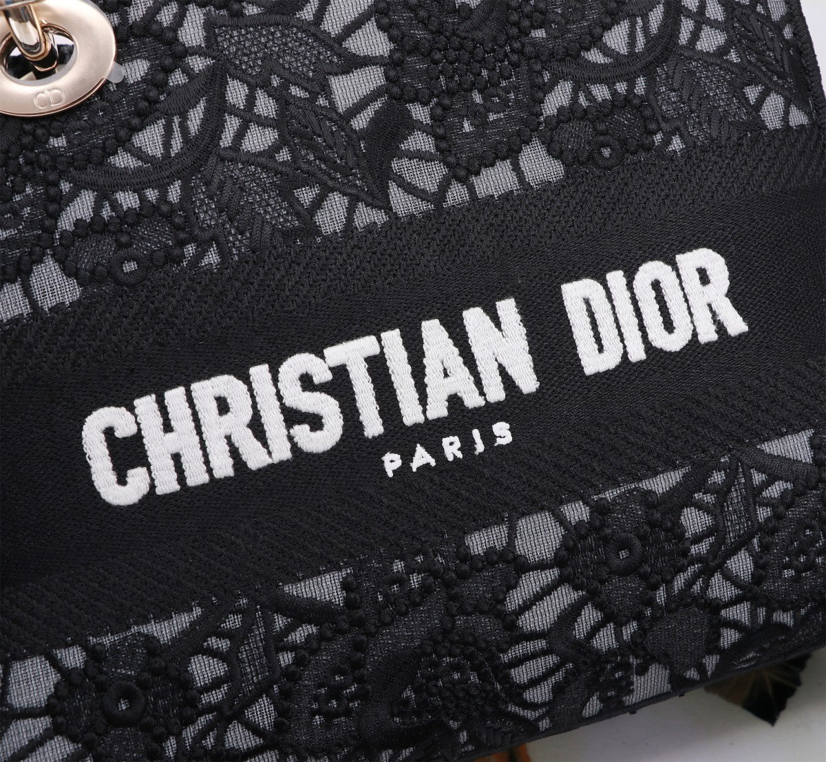 Christian Dior Lady D-Lite Bag Black Lace Embroidery Handbag