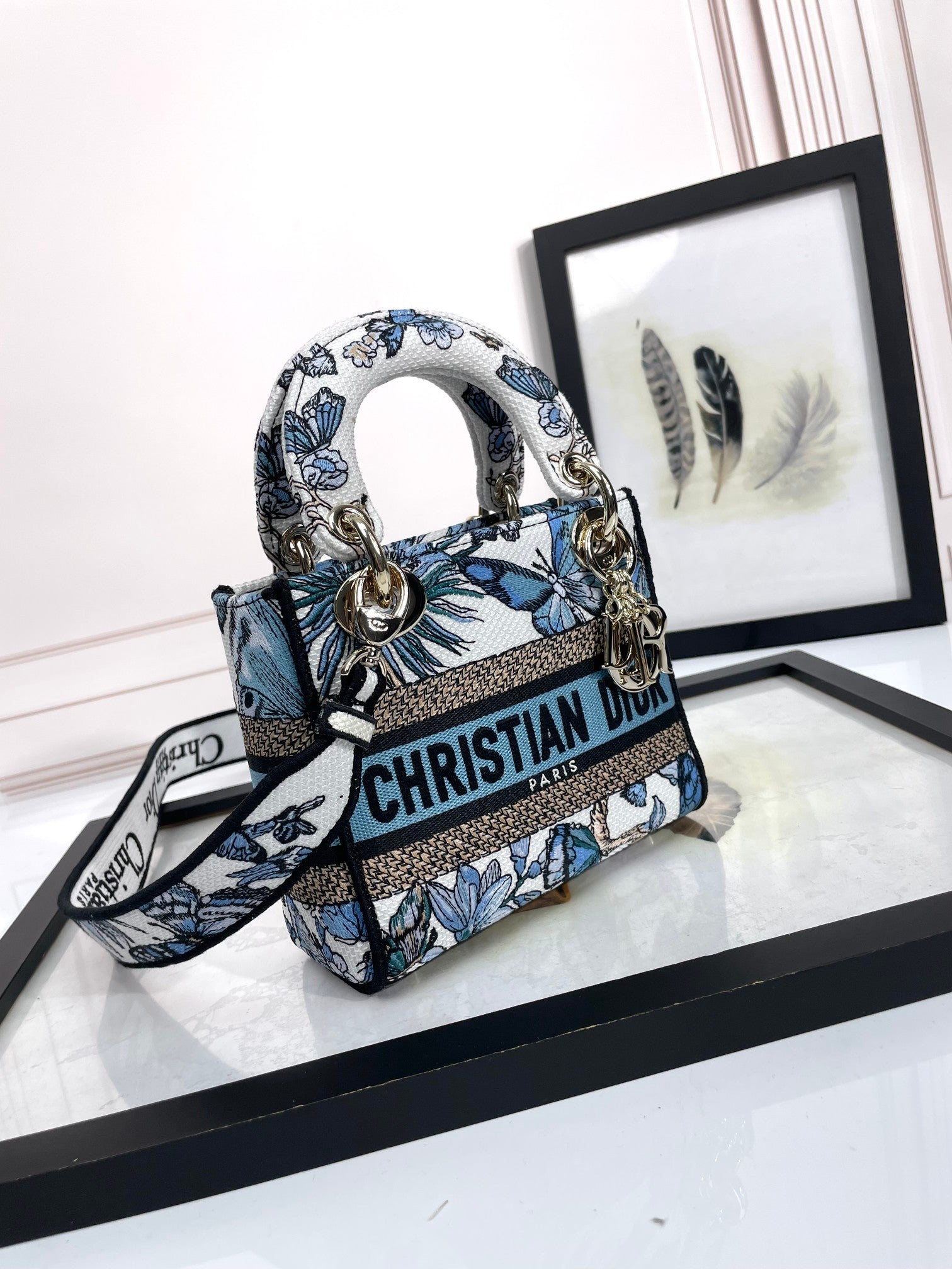 Christian Dior Lady D-Lite Bag with Blue Butterfly Motif Embroidery