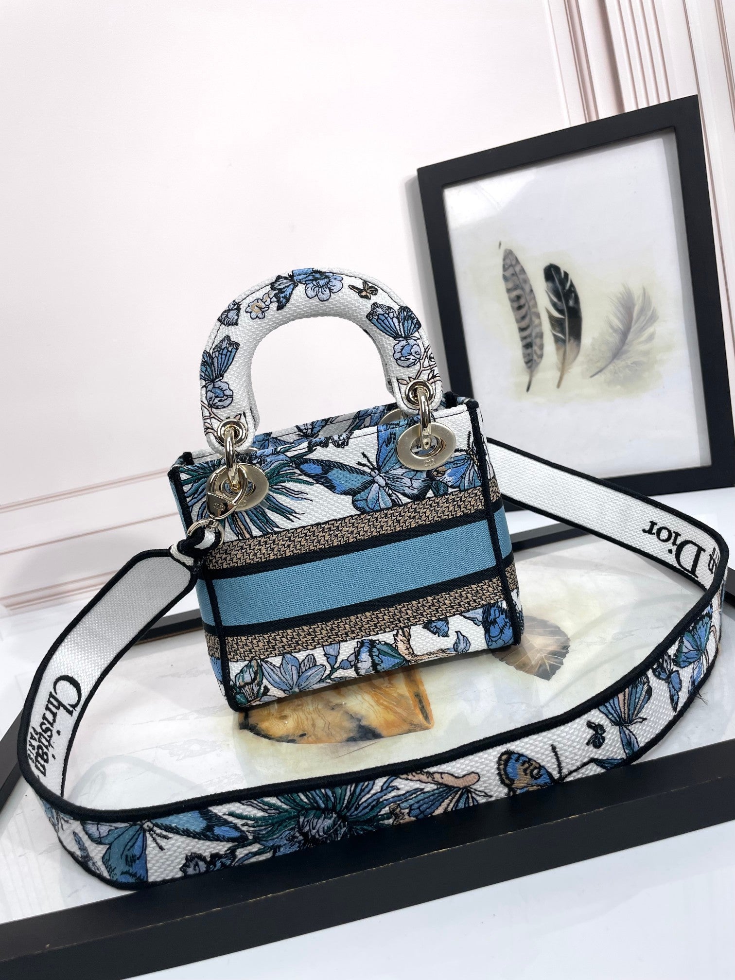 Christian Dior Lady D-Lite Bag with Blue Butterfly Motif Embroidery