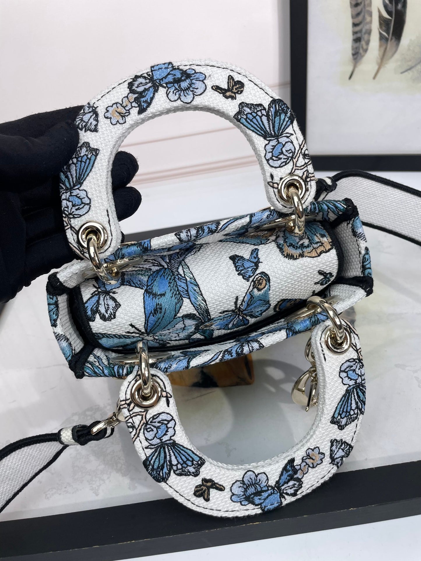 Dior Blue and White Butterfly Embroidered Canvas Mini Handbag