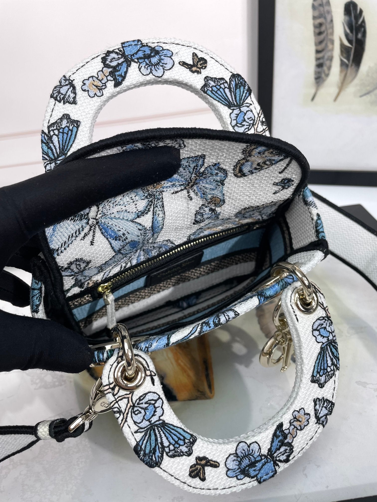 Christian Dior Lady D-Lite Bag with Blue Butterfly Motif Embroidery
