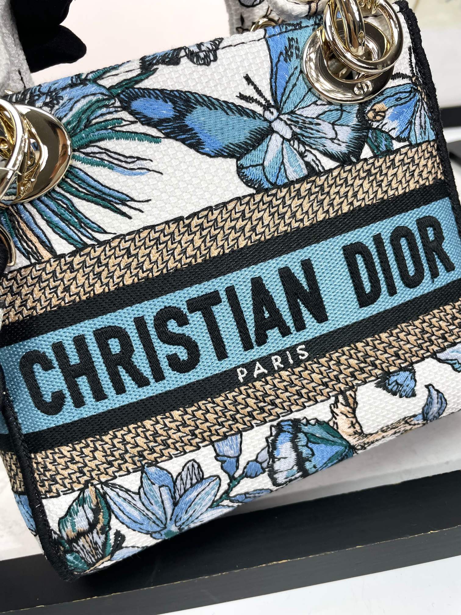 Christian Dior Lady D-Lite Bag with Blue Butterfly Motif Embroidery