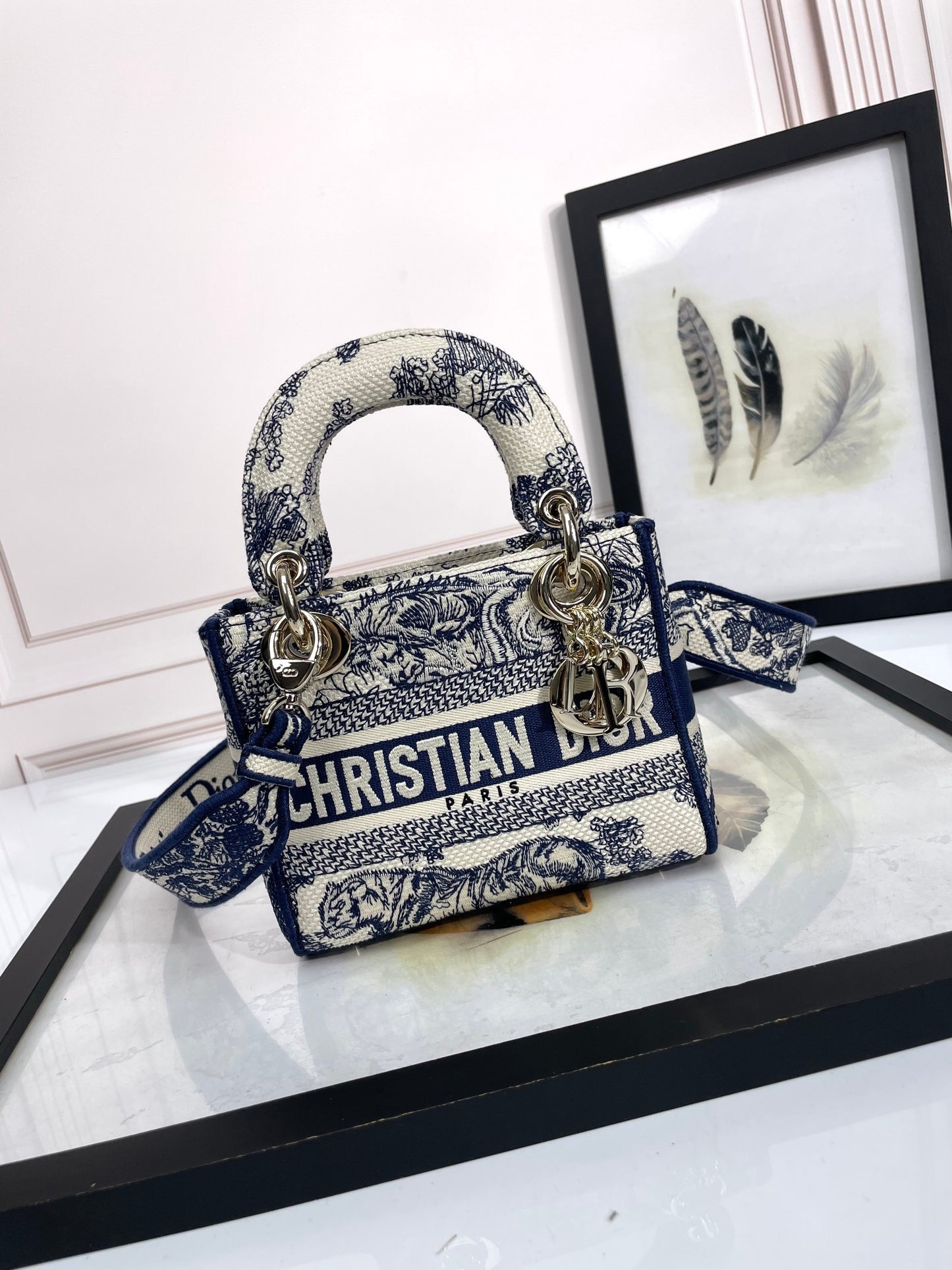 Christian Dior Mini Lady D-Lite Bag - Blue and White Toile de Jouy Embroidery