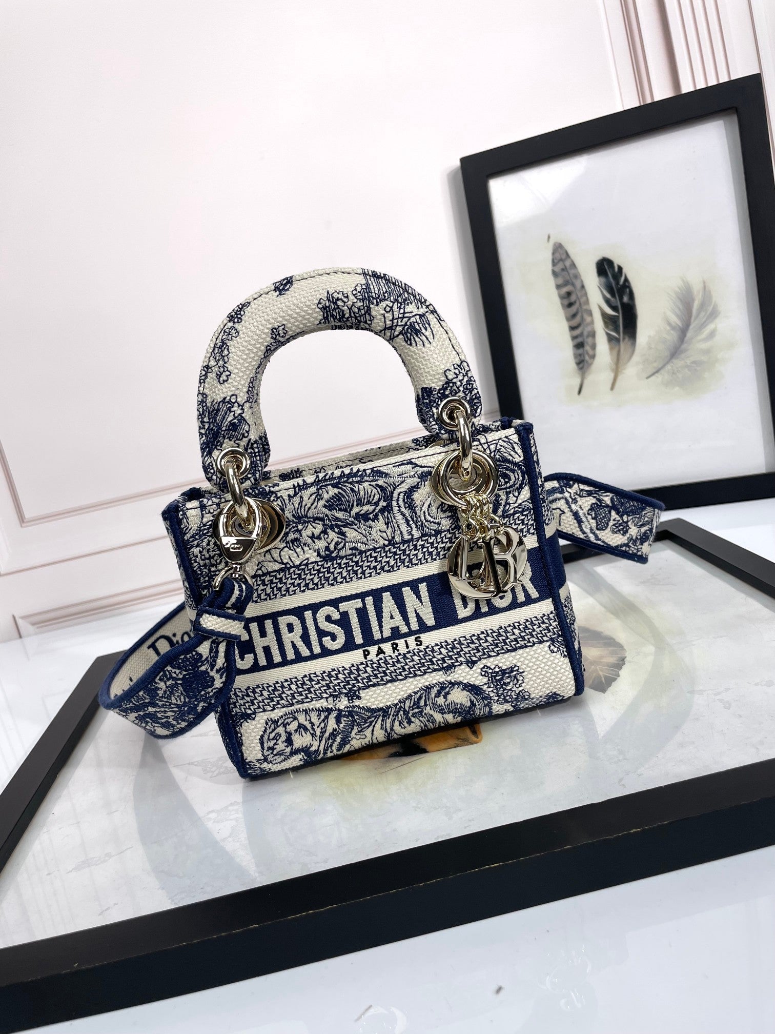 Christian Dior Mini Lady D-Lite Bag - Blue and White Toile de Jouy Embroidery
