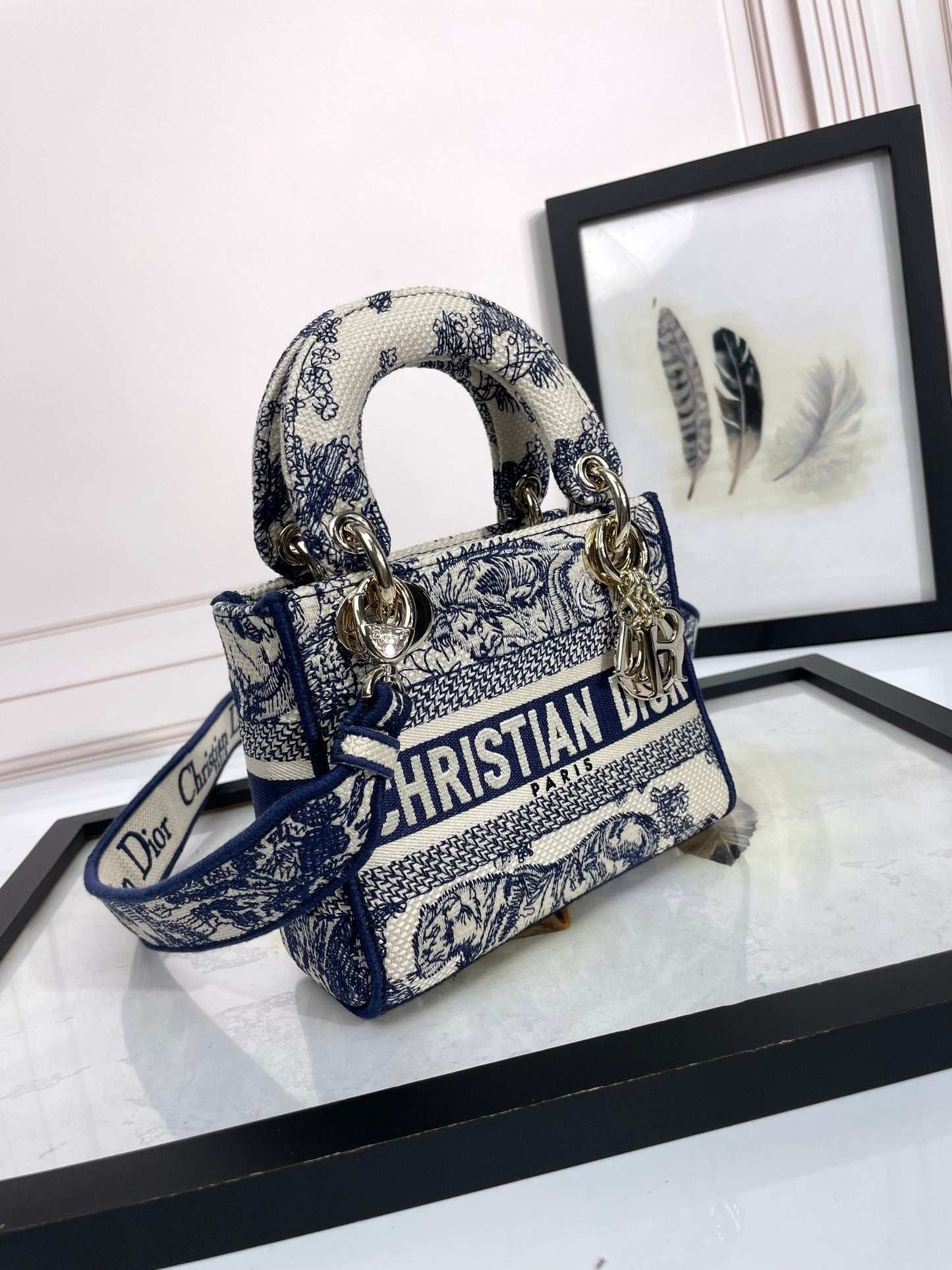 Dior Vintage Blue Toile de Jouy Embroidered Top Handle Shoulder Bag