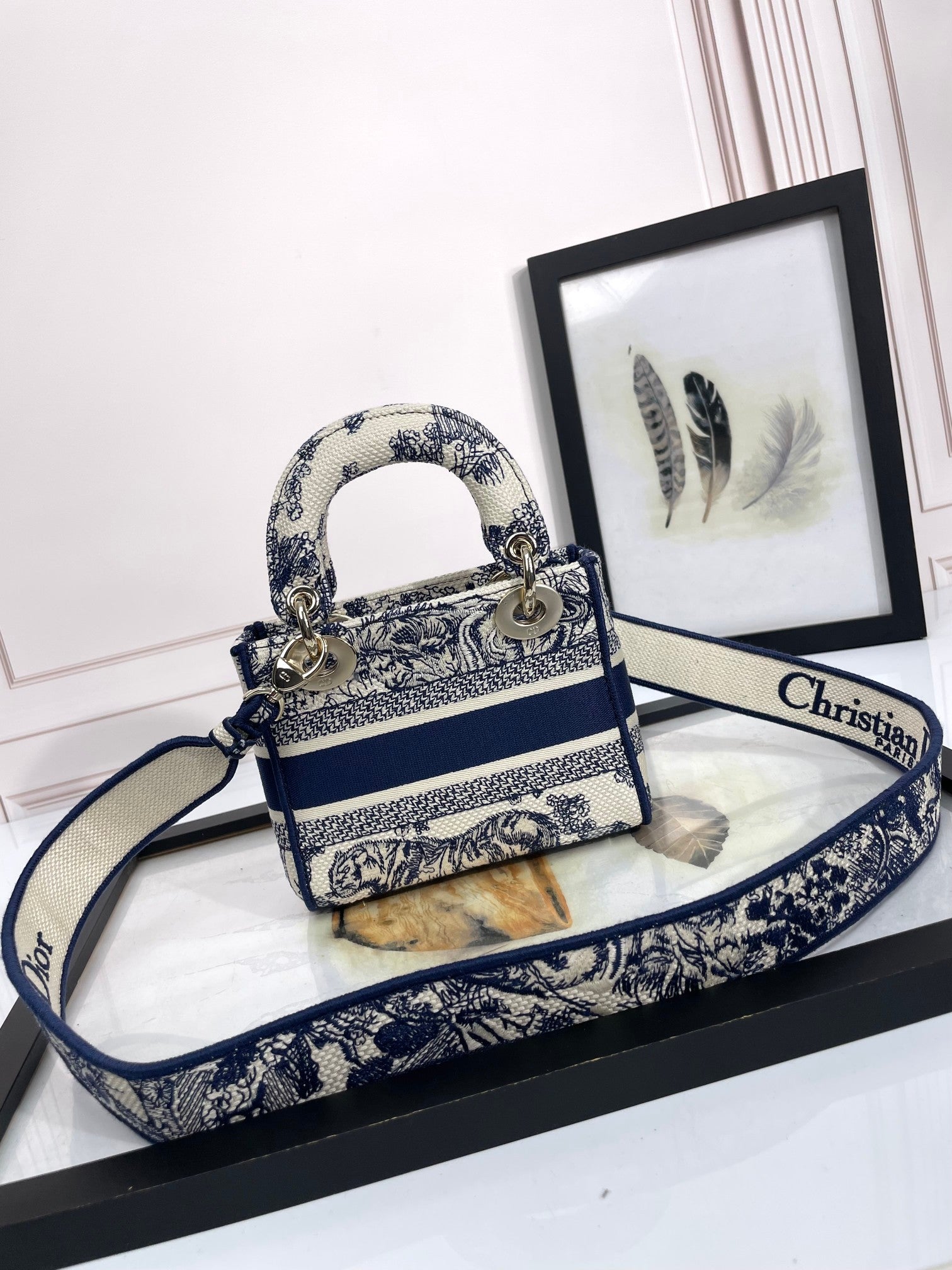 Christian Dior Mini Lady D-Lite Bag - Blue and White Toile de Jouy Embroidery