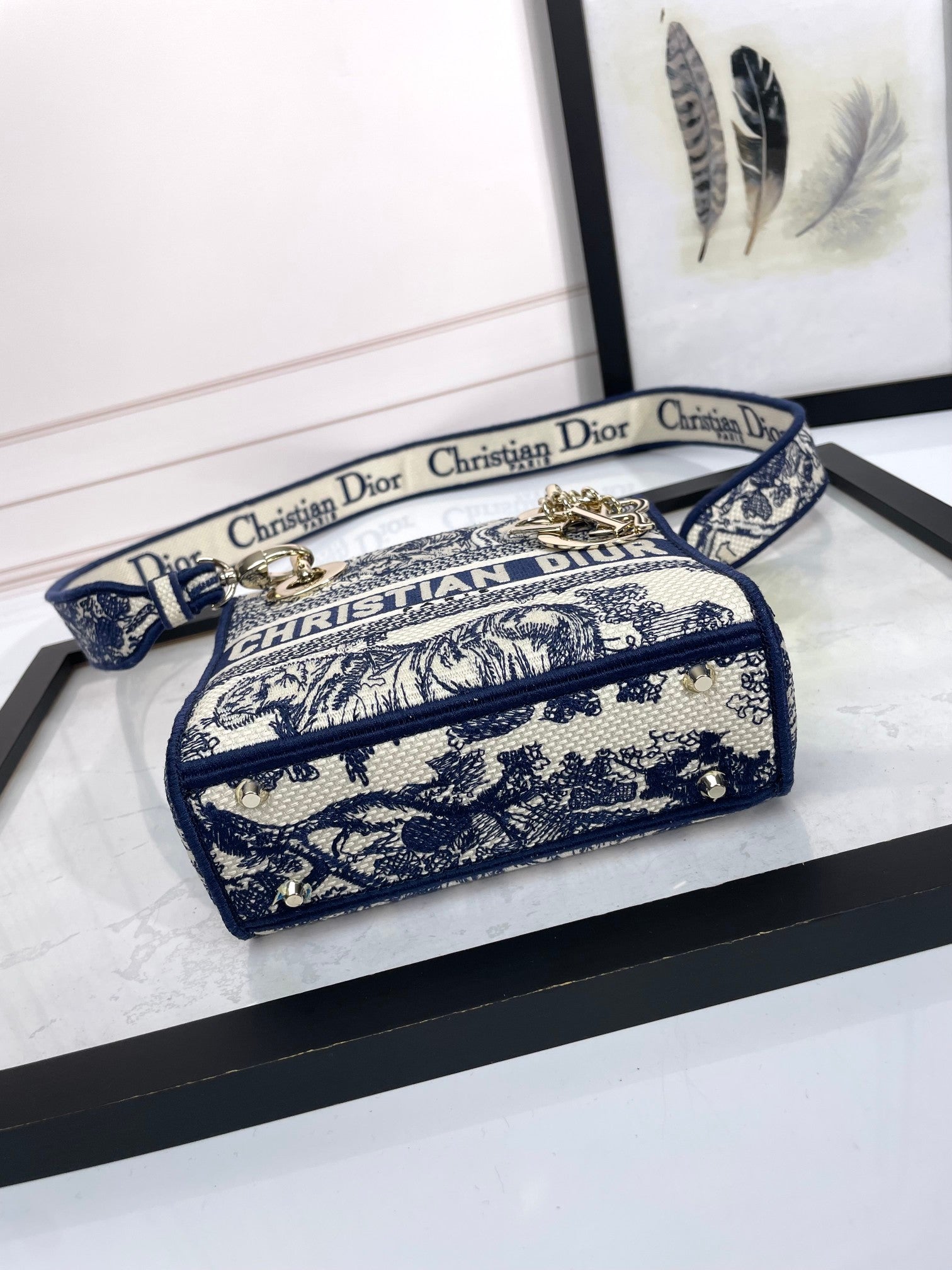 Christian Dior Mini Lady D-Lite Bag - Blue and White Toile de Jouy Embroidery