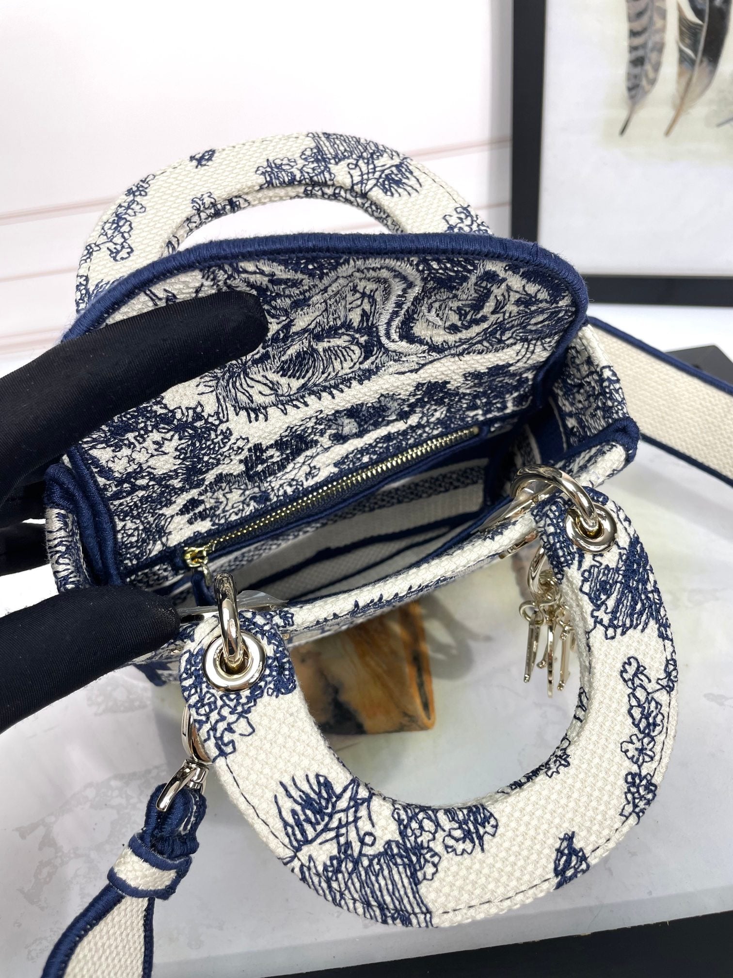 Dior Vintage Blue Toile de Jouy Embroidered Top Handle Shoulder Bag