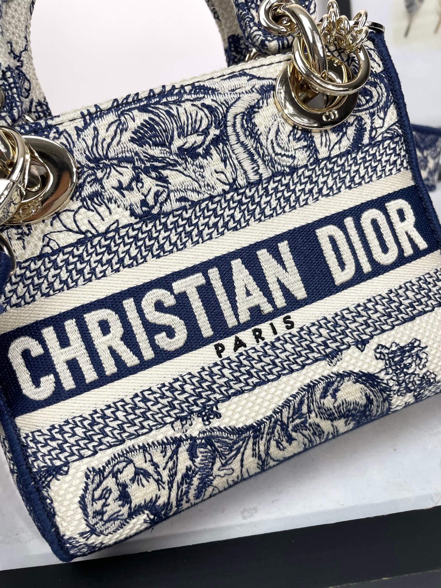Christian Dior Mini Lady D-Lite Bag - Blue and White Toile de Jouy Embroidery