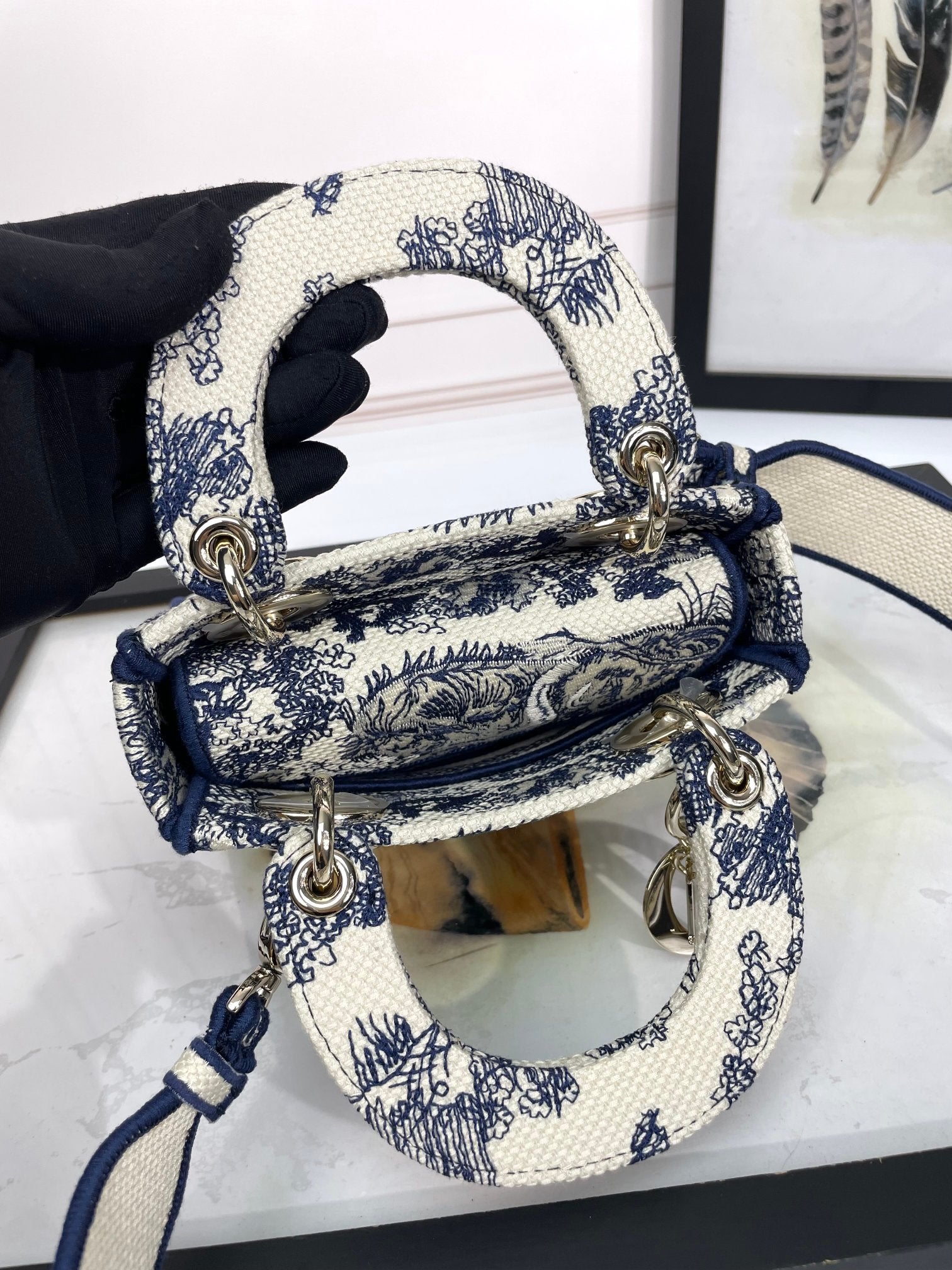 Dior Vintage Blue Toile de Jouy Embroidered Top Handle Shoulder Bag