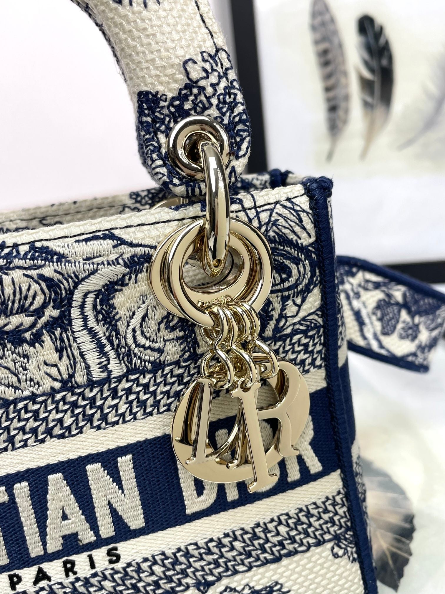 Dior Vintage Blue Toile de Jouy Embroidered Top Handle Shoulder Bag