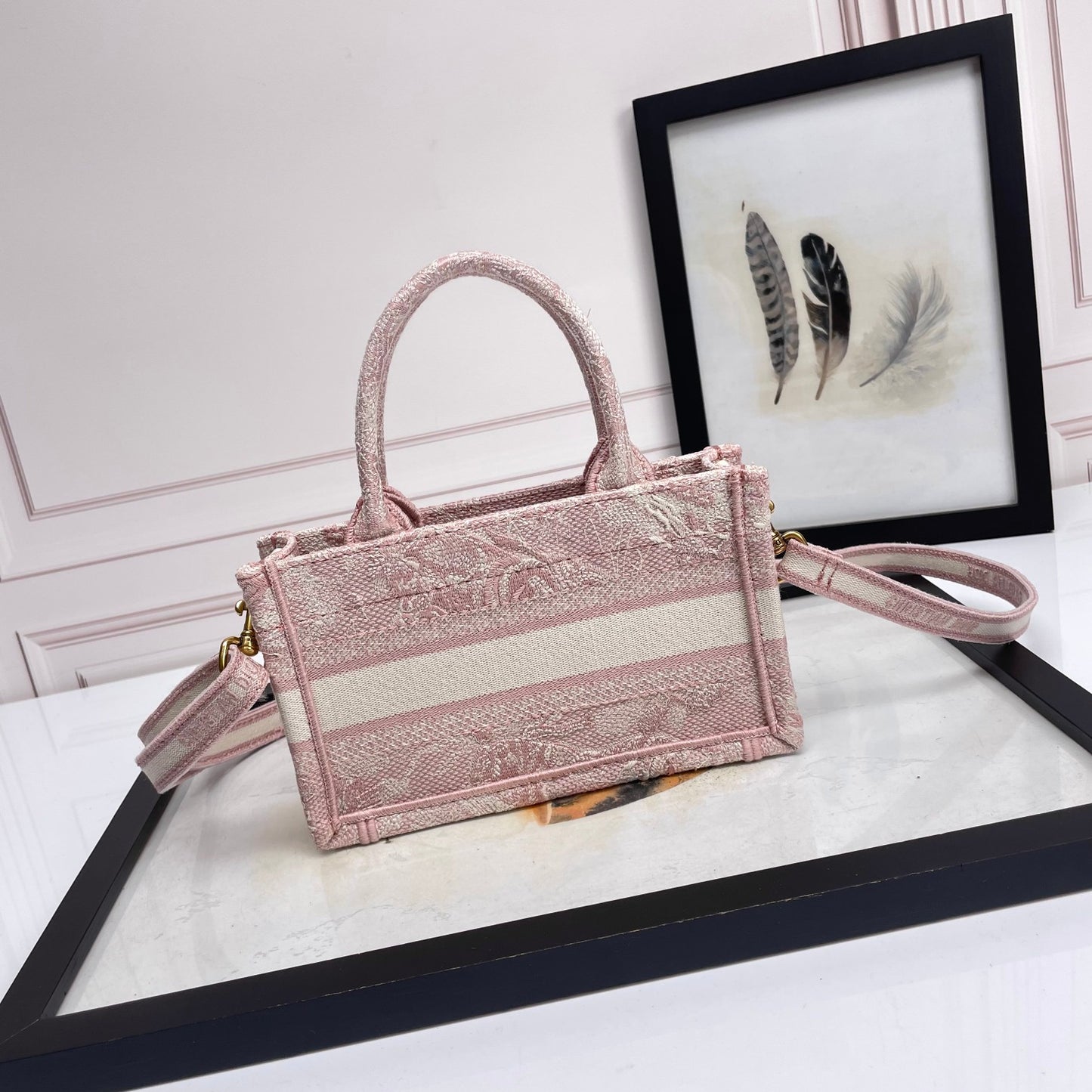 Dior Vintage Pink Embroidered Canvas Top Handle Crossbody Tote Bag
