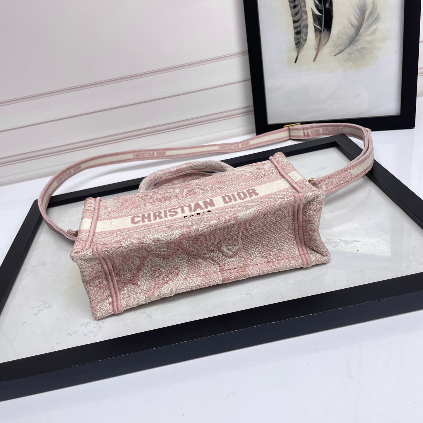 Dior Vintage Pink Embroidered Canvas Top Handle Crossbody Tote Bag