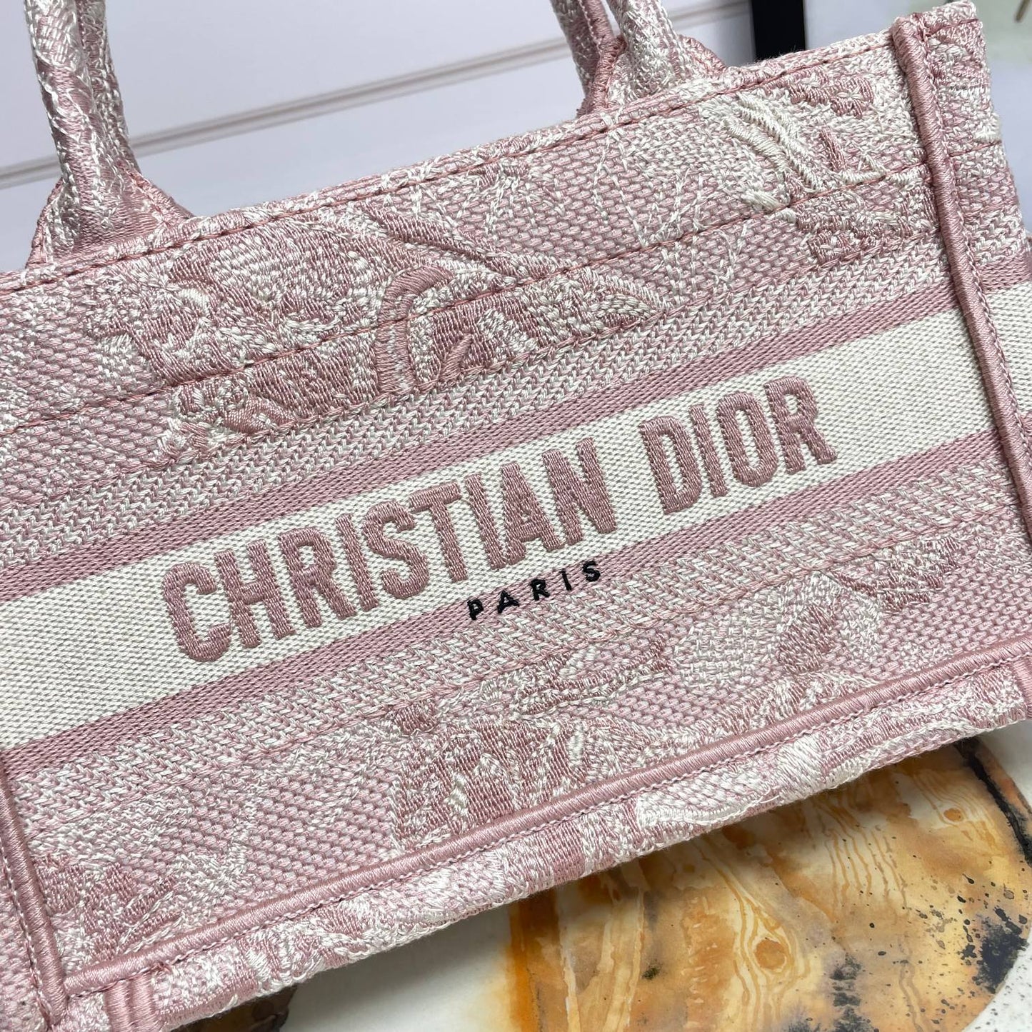 Christian Dior Mini Book Tote Bag - Pink Rose Toile de Jouy Embroidered Canvas