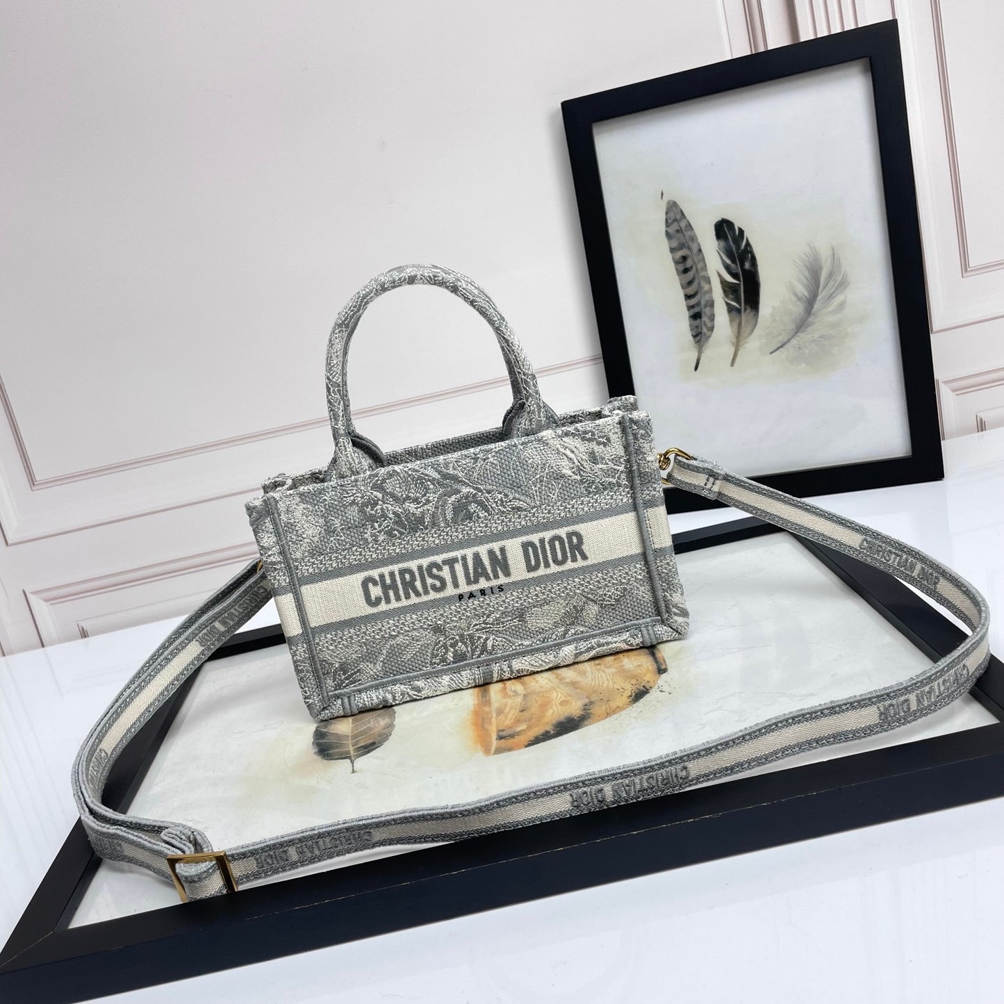 Christian Dior Mini Book Tote Bag with Strap - Grey Embroidered Canvas