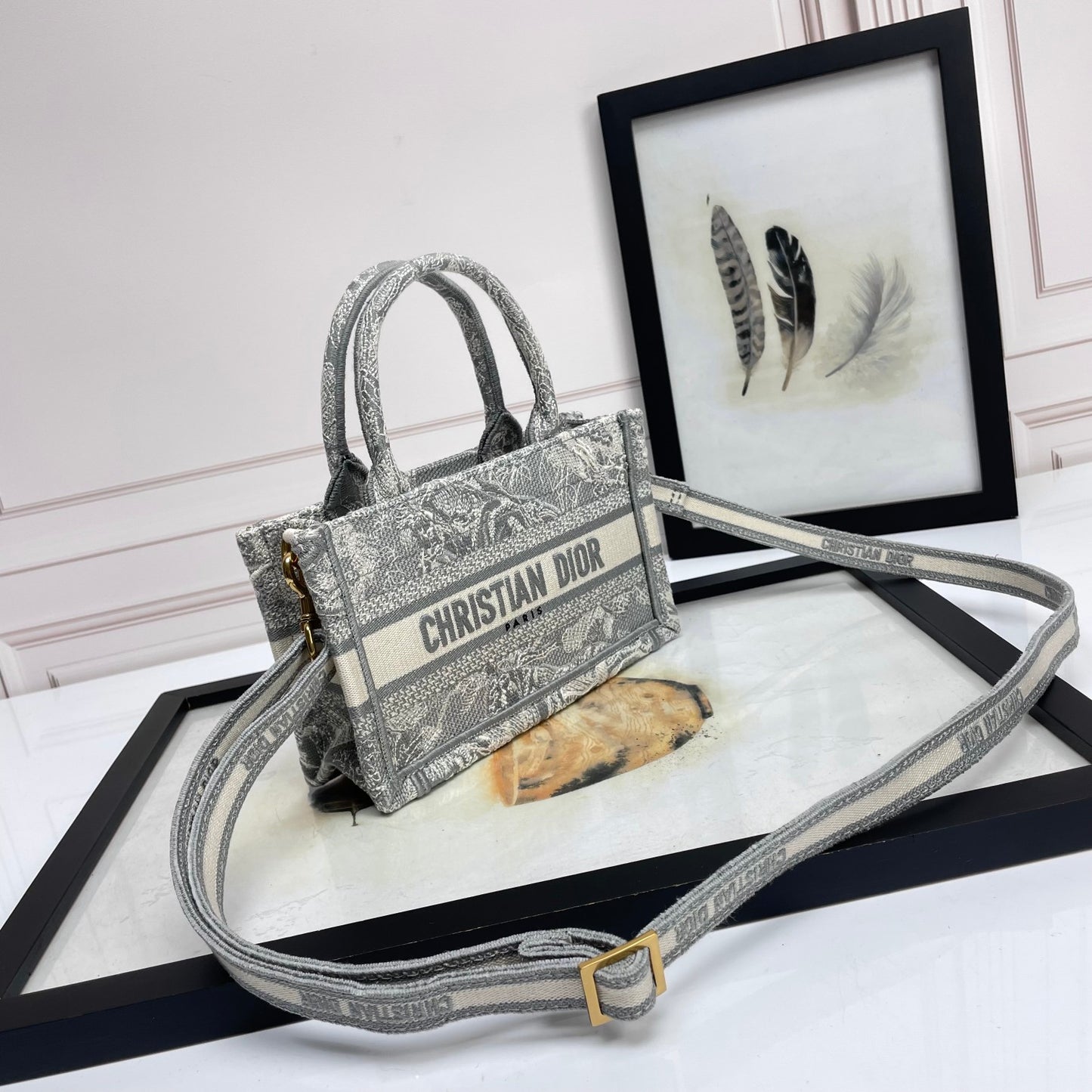Christian Dior Mini Book Tote Bag with Strap - Grey Embroidered Canvas