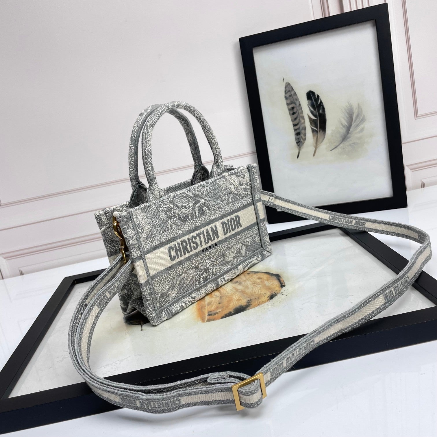 Christian Dior Mini Book Tote Bag with Strap - Grey Embroidered Canvas