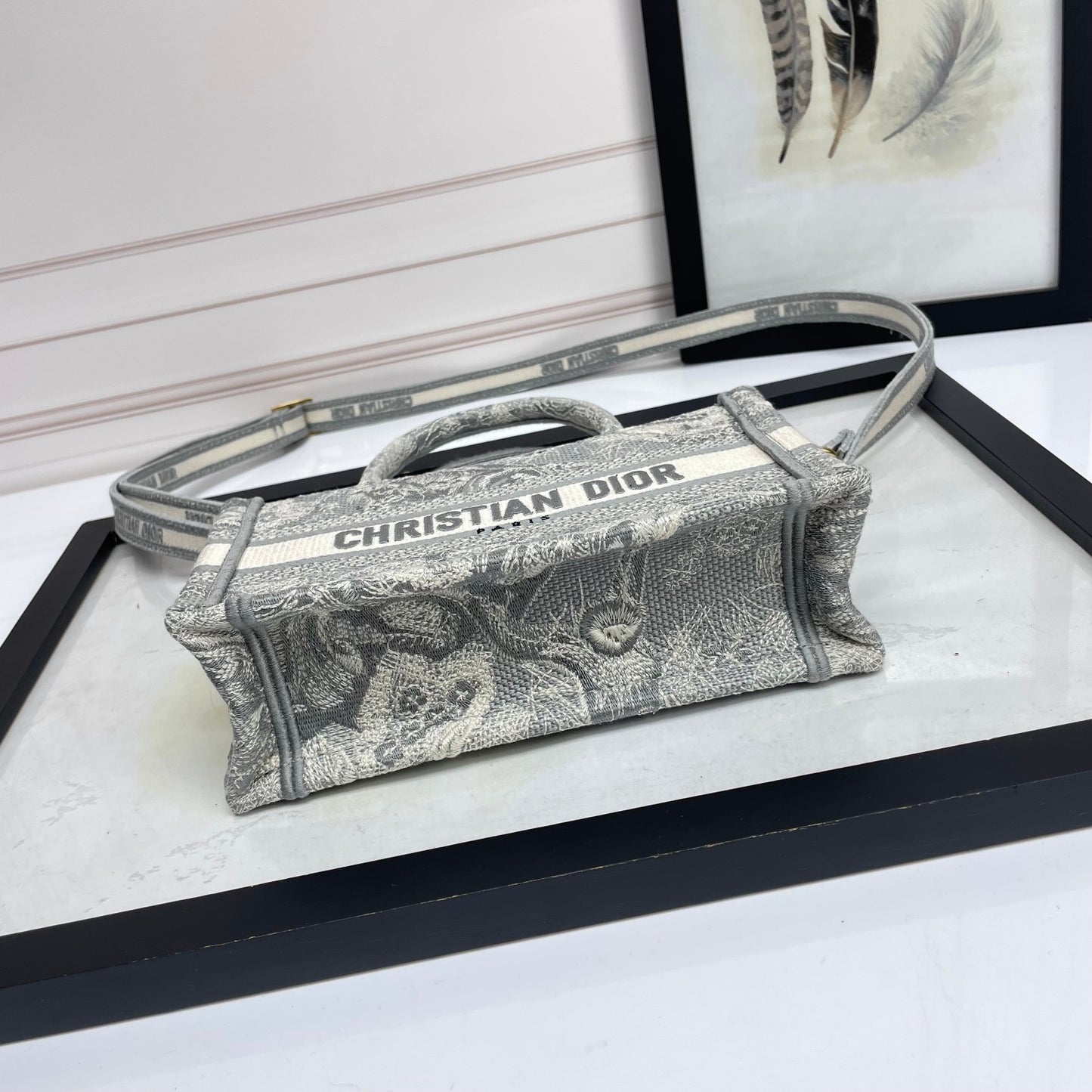 Christian Dior Mini Book Tote Bag with Strap - Grey Embroidered Canvas