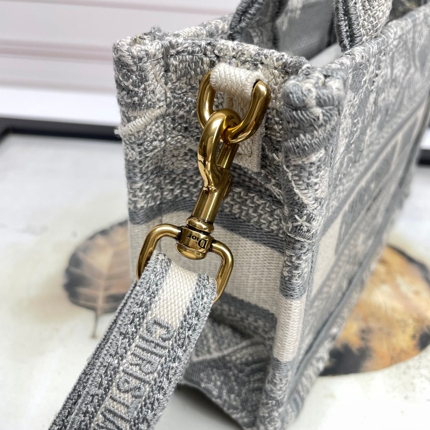 Christian Dior Mini Book Tote Bag with Strap - Grey Embroidered Canvas