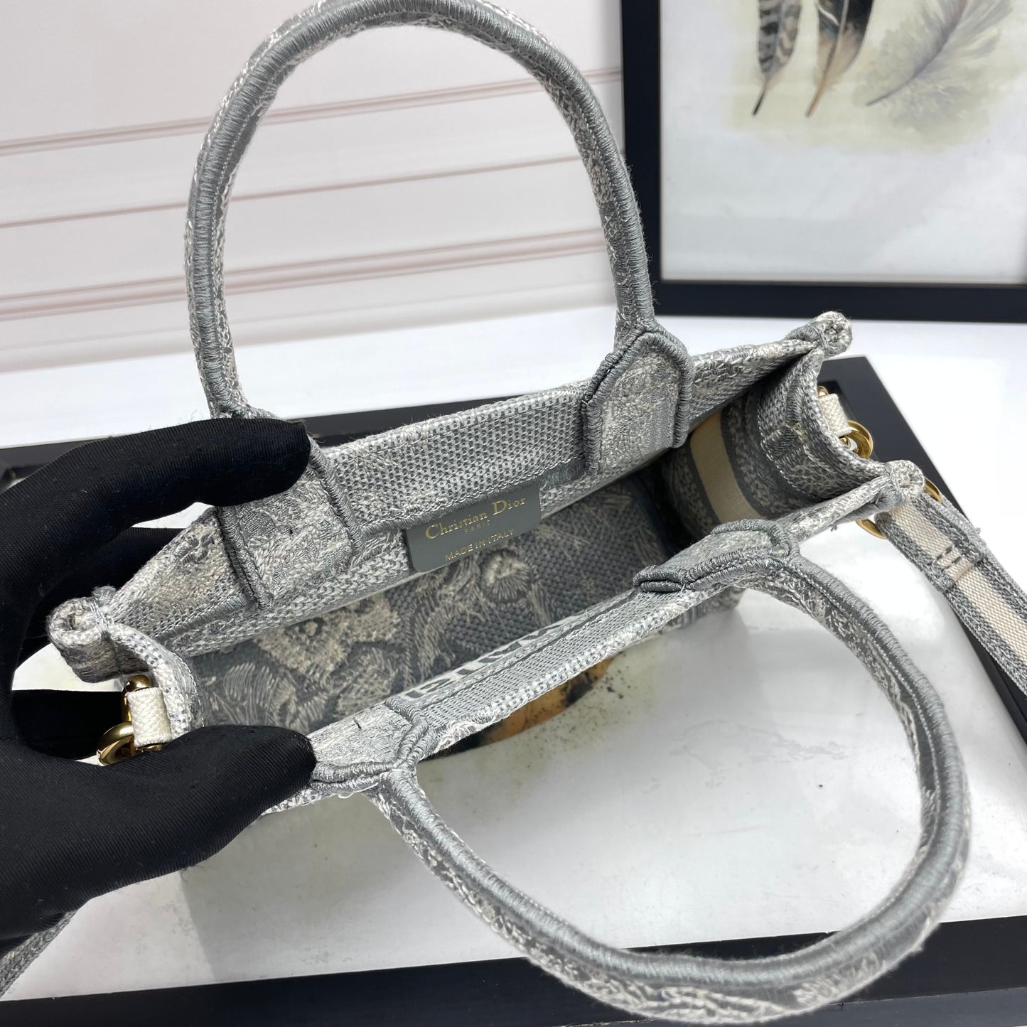 Christian Dior Mini Book Tote Bag with Strap - Grey Embroidered Canvas