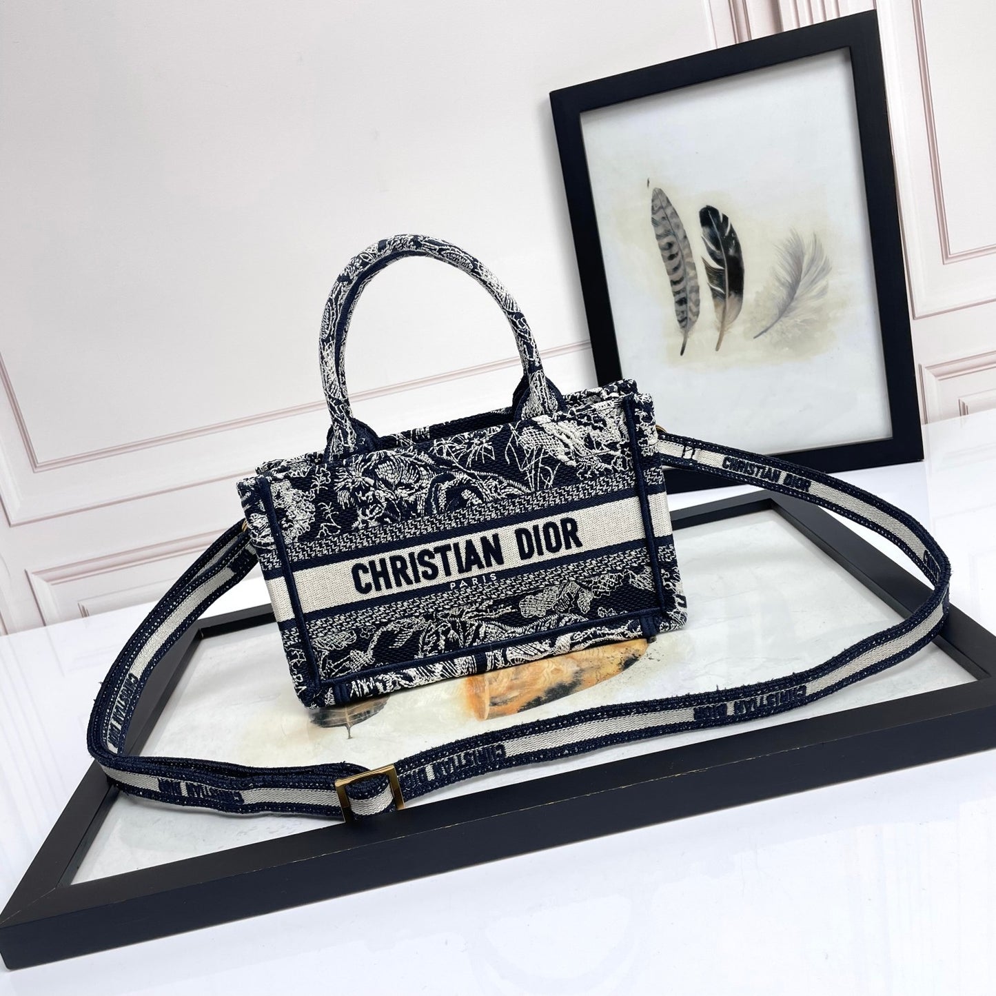Christian Dior Mini Book Tote with Strap - Black & White Embroidered Pattern