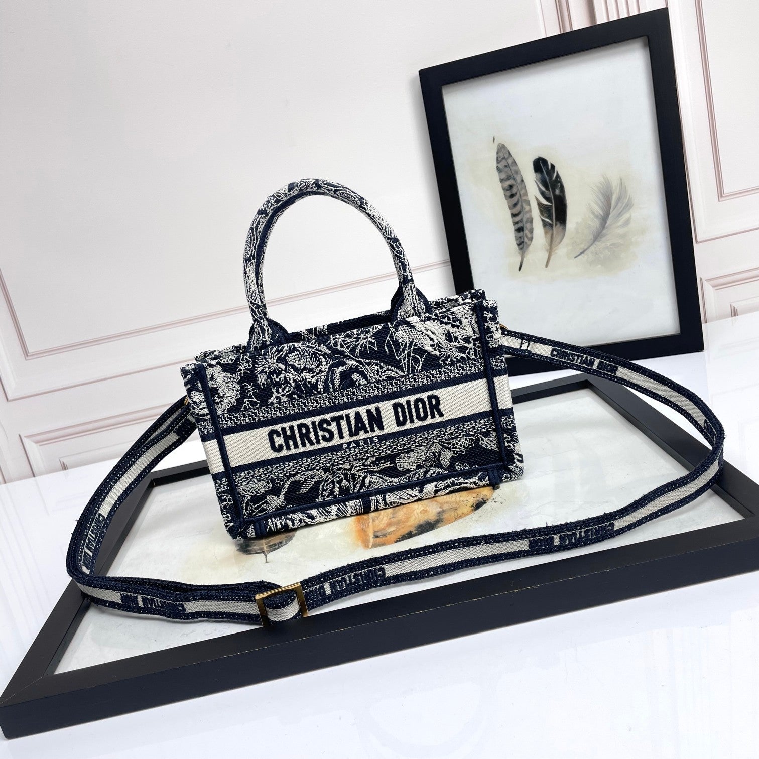 Christian Dior Mini Book Tote with Strap - Black & White Embroidered Pattern