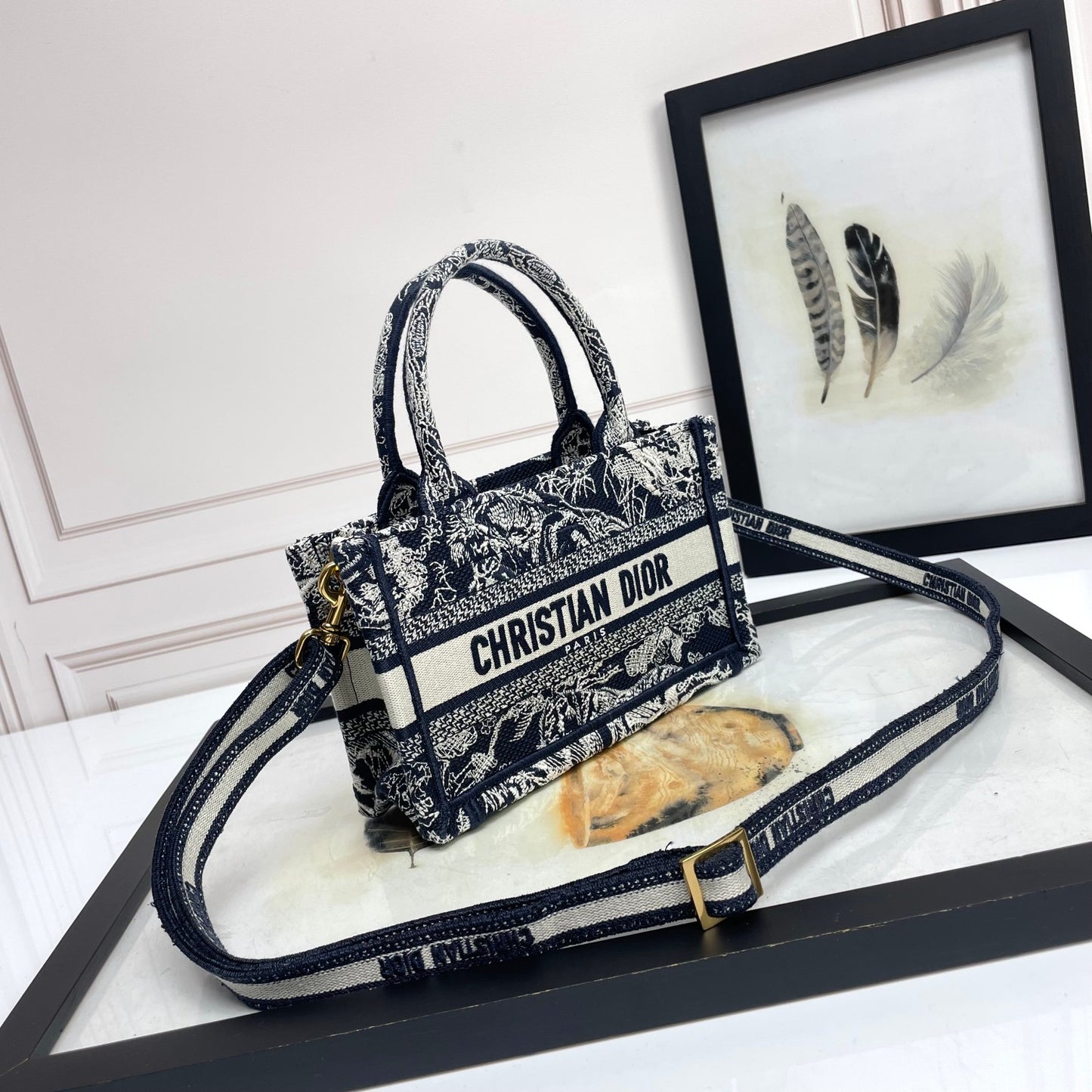 Christian Dior Mini Book Tote with Strap - Black & White Embroidered Pattern