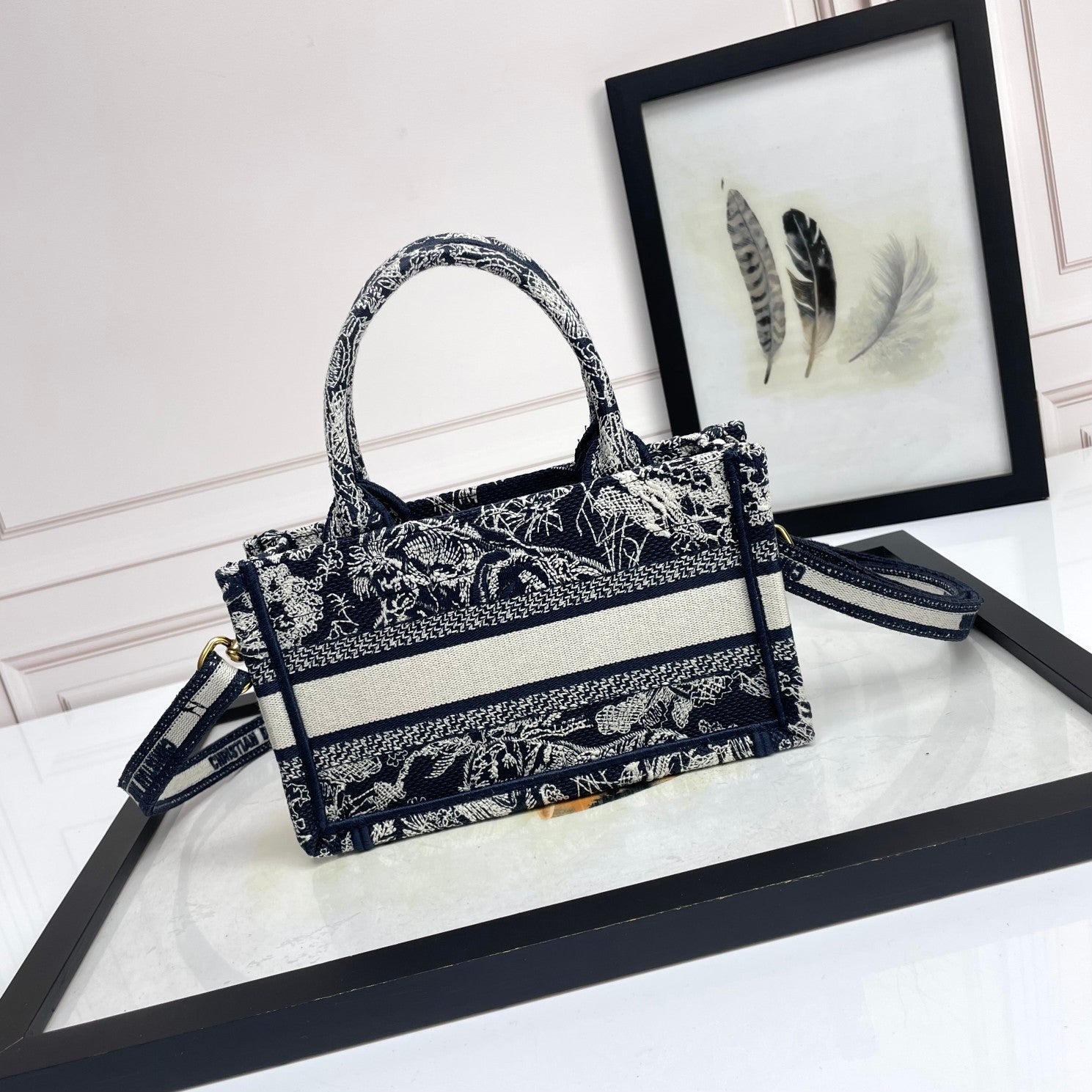 Christian Dior Mini Book Tote with Strap - Black & White Embroidered Pattern