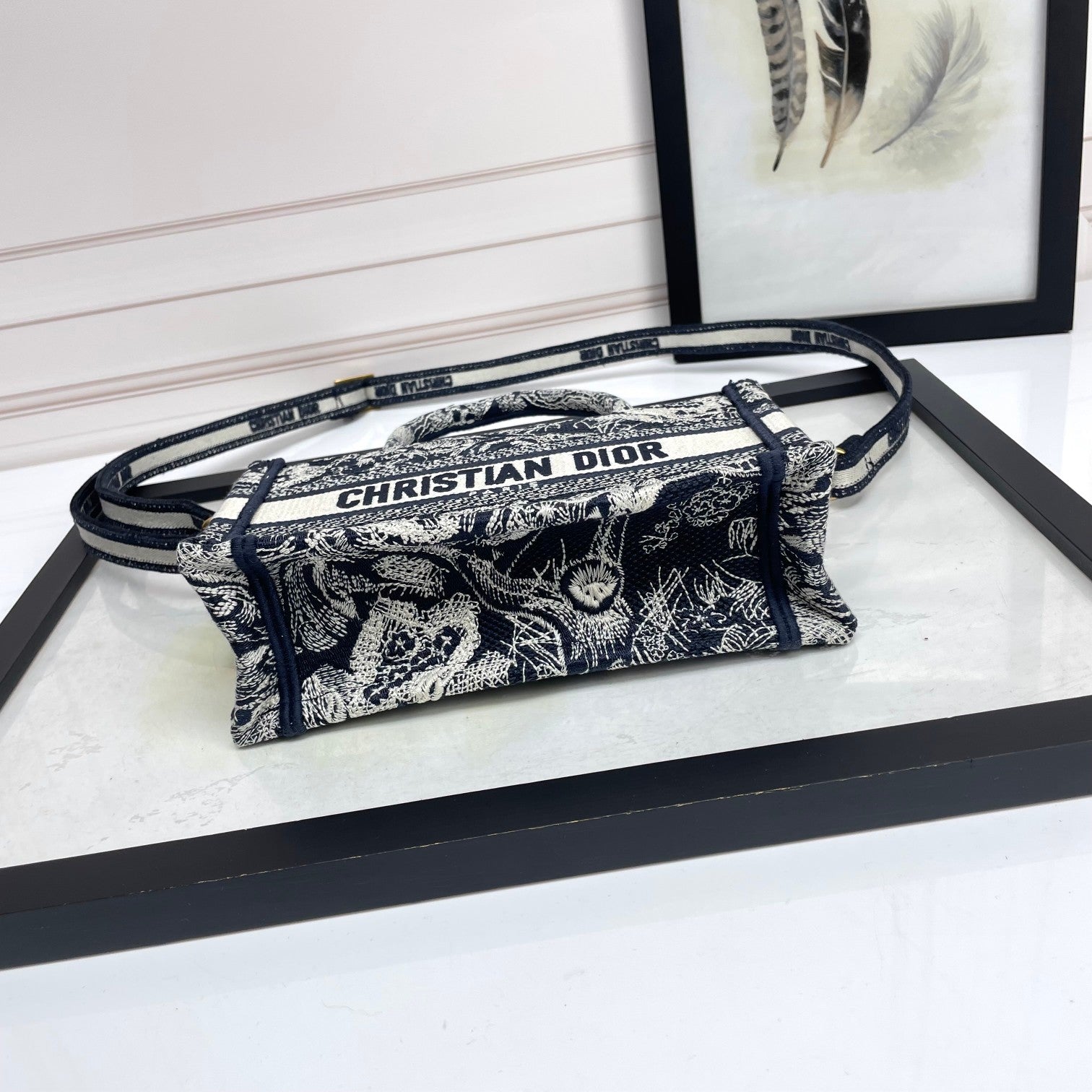 Christian Dior Mini Book Tote with Strap - Black & White Embroidered Pattern
