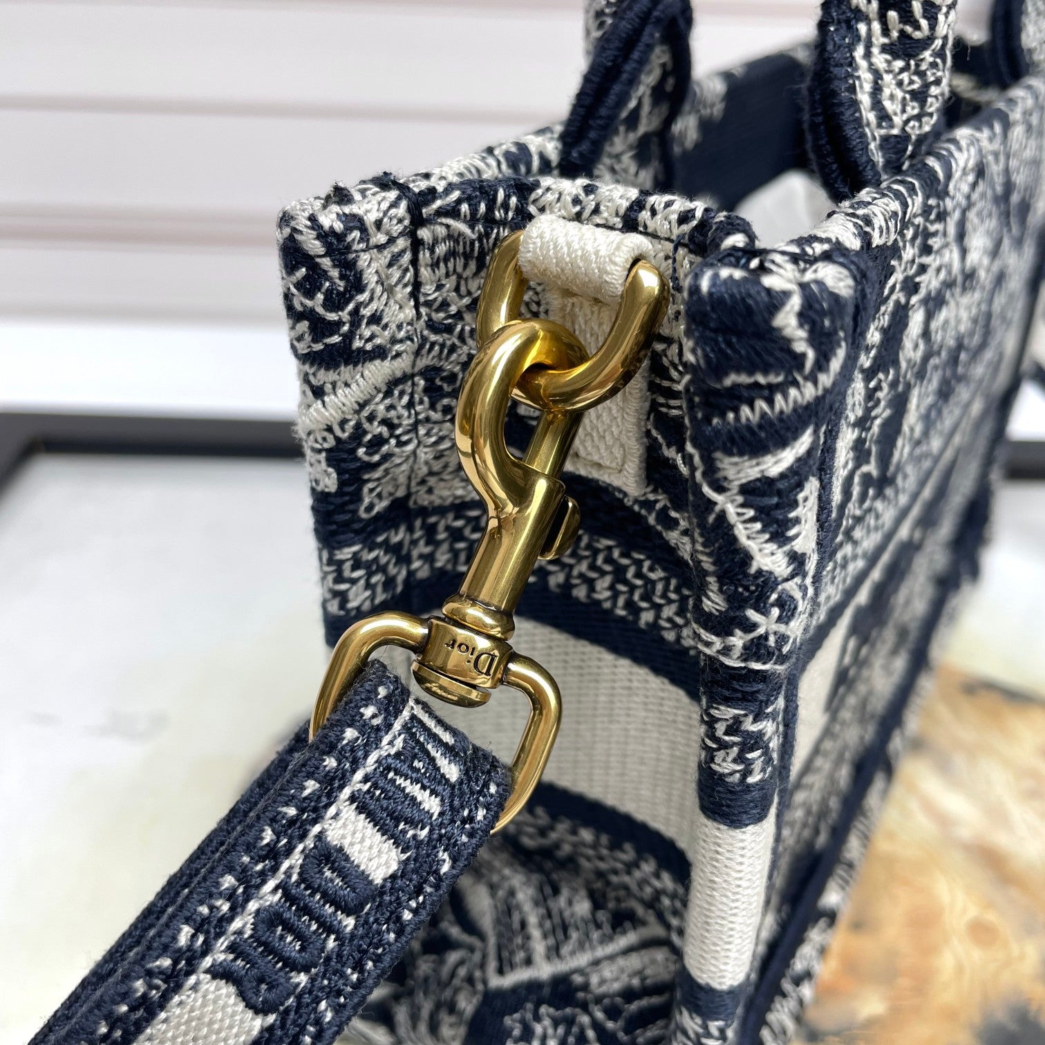 Christian Dior Mini Book Tote with Strap - Black & White Embroidered Pattern