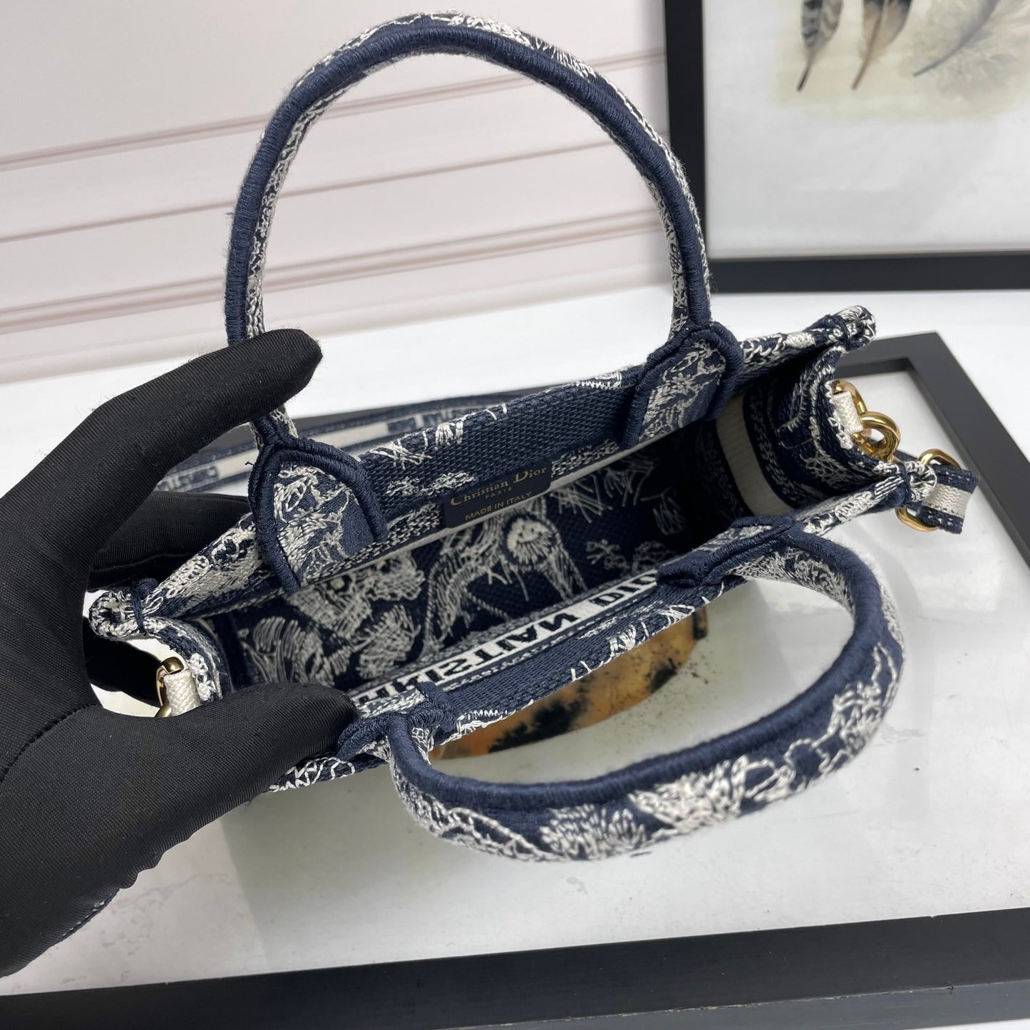 Christian Dior Mini Book Tote with Strap - Black & White Embroidered Pattern