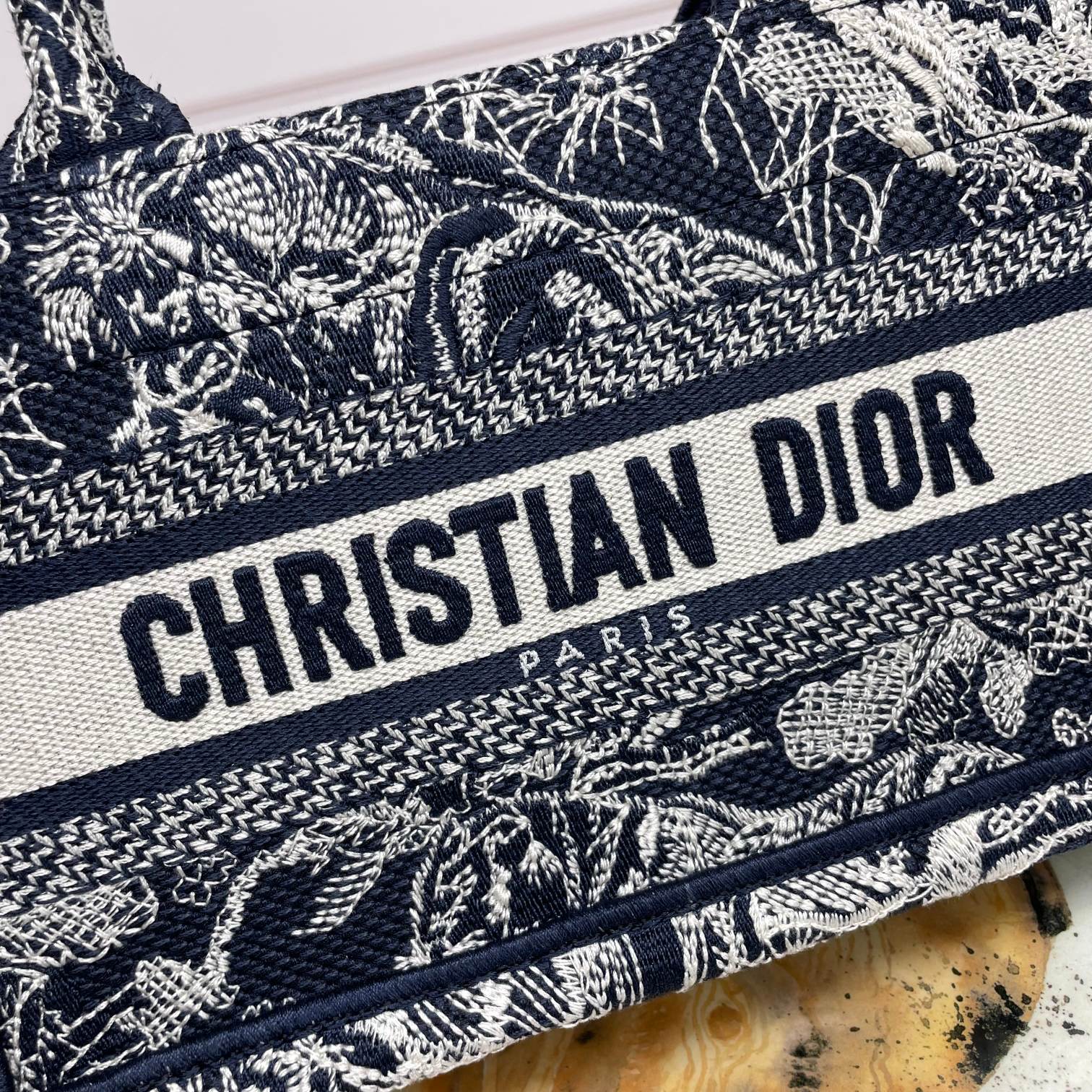 Christian Dior Mini Book Tote with Strap - Black & White Embroidered Pattern