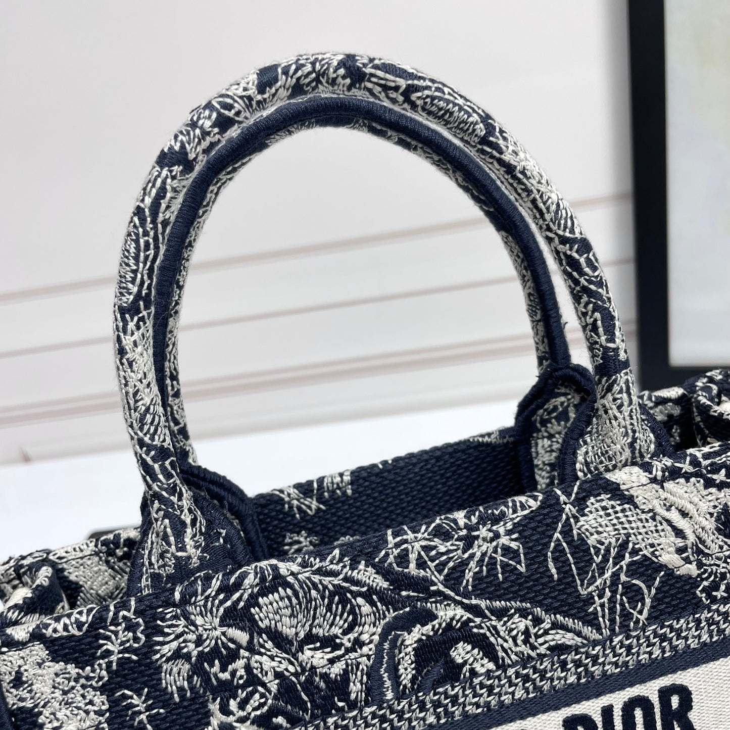 Christian Dior Mini Book Tote with Strap - Black & White Embroidered Pattern