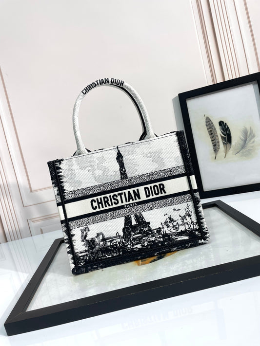 Christian Dior Book Tote Bag - Black and White Paris Cityscape Embroidery