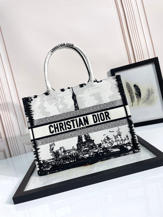 Christian Dior Book Tote Eiffel Tower Print Black and White Canvas Handbag
