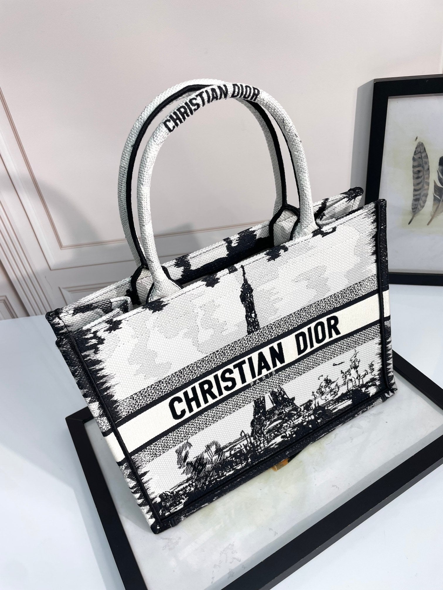 Christian Dior Paris Print Book Tote Bag - Black and White Eiffel Tower Motif