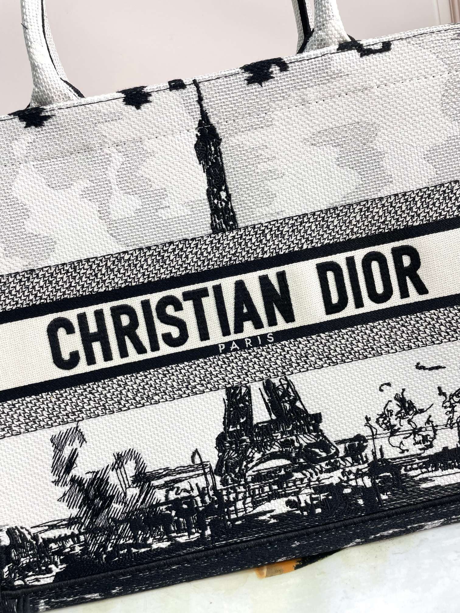 Christian Dior Book Tote Eiffel Tower Print Black and White Canvas Handbag