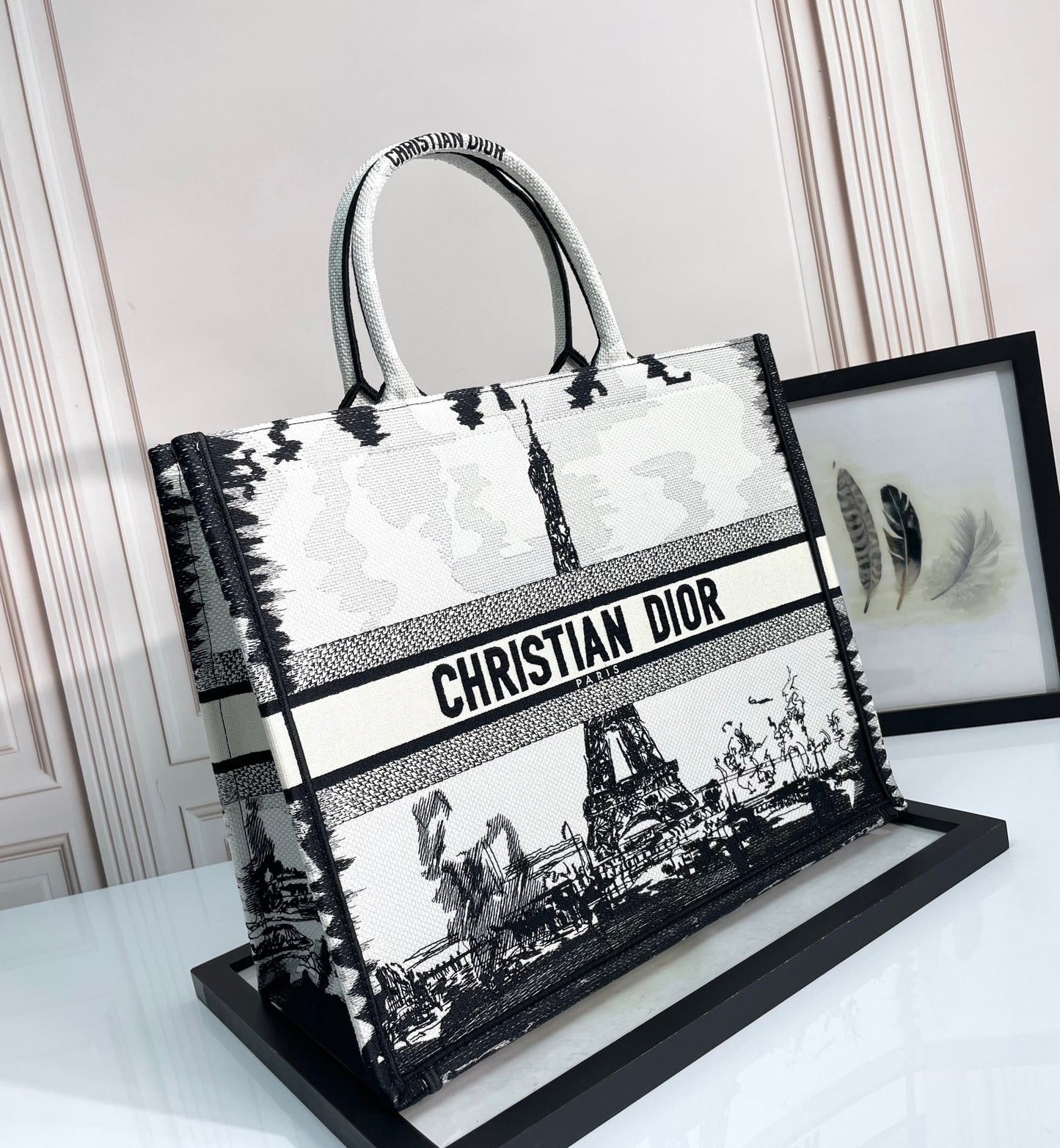 Christian Dior Large Book Tote - Black and White Plan de Paris Embroidery with Eiffel Tower