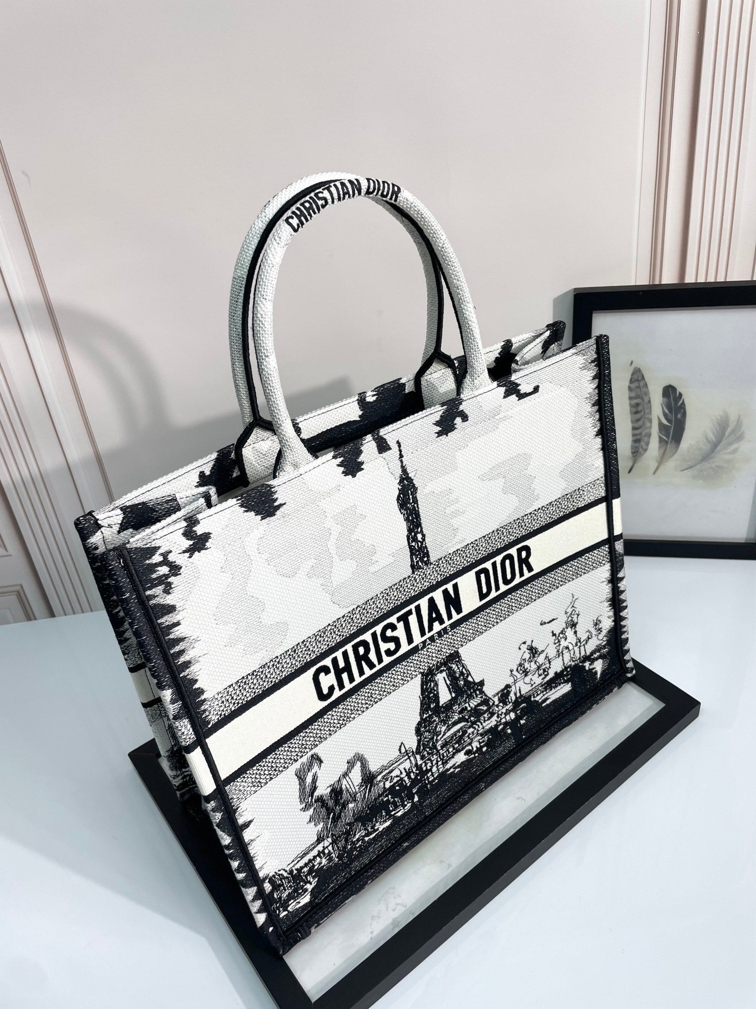 Christian Dior Large Book Tote - Black and White Plan de Paris Embroidery with Eiffel Tower