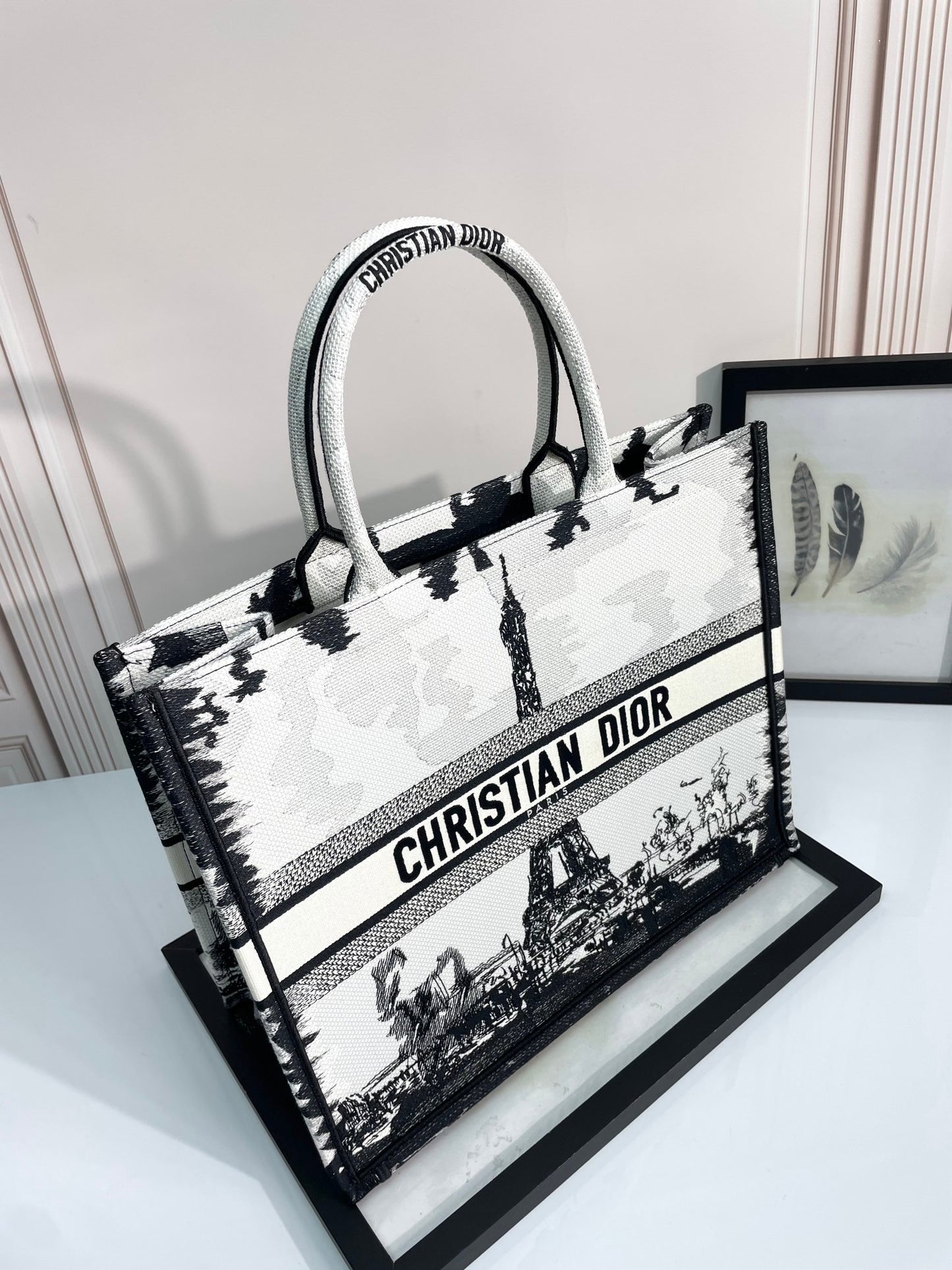 Christian Dior Large Book Tote - Eiffel Tower Embroidery - Black and White