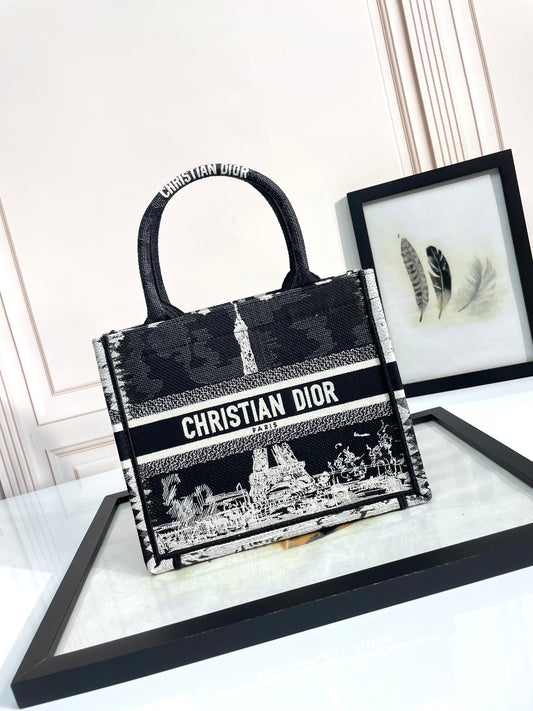 Christian Dior Medium Book Tote Bag - Black and White Plan de Paris Embroidery