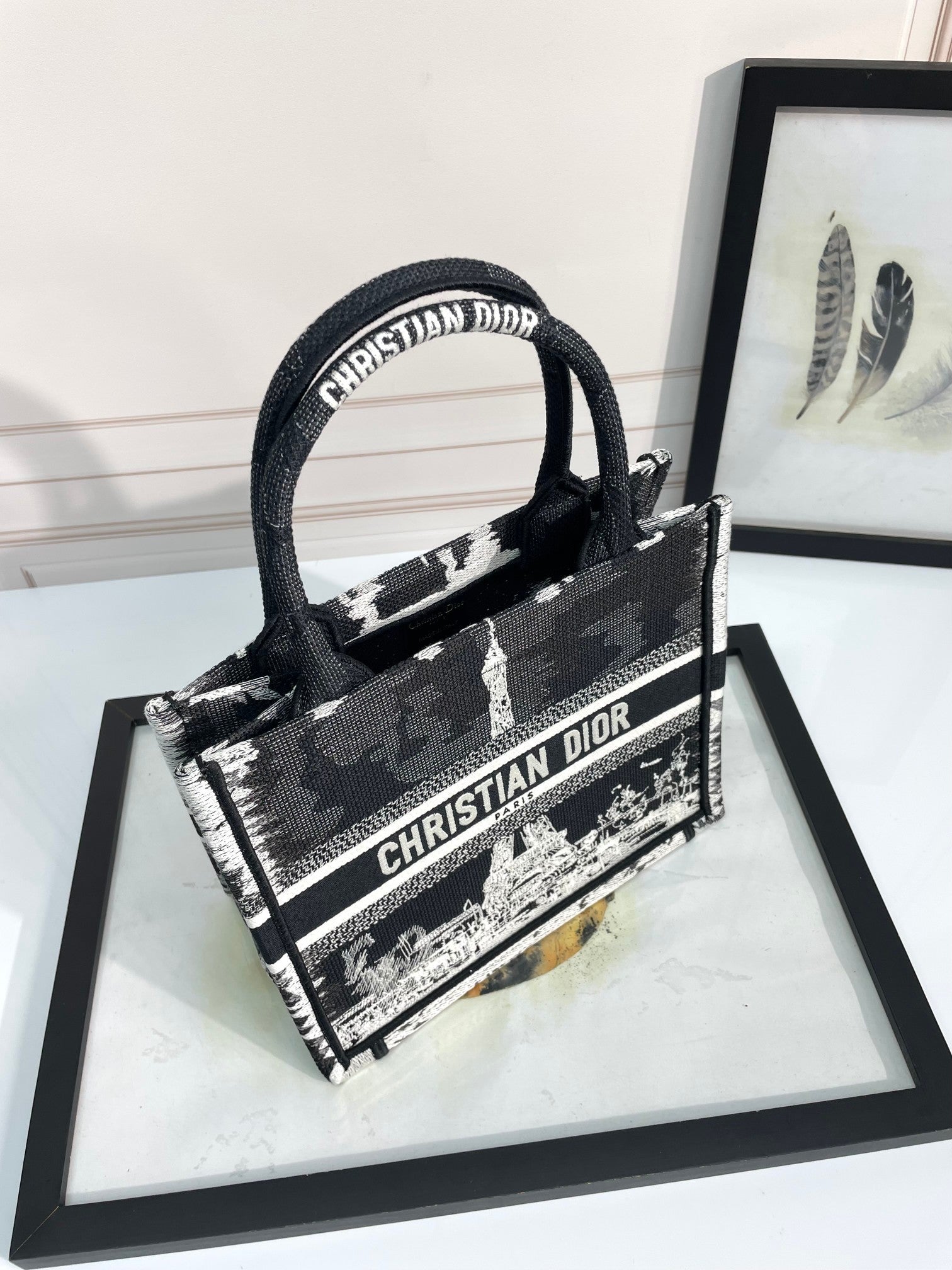 Dior Paris Eiffel Tower Embroidered Black and White Canvas Tote Bag